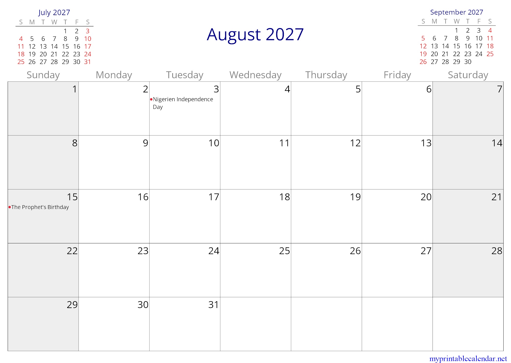 August 2027 monthly calendar, Niger, in English jpg