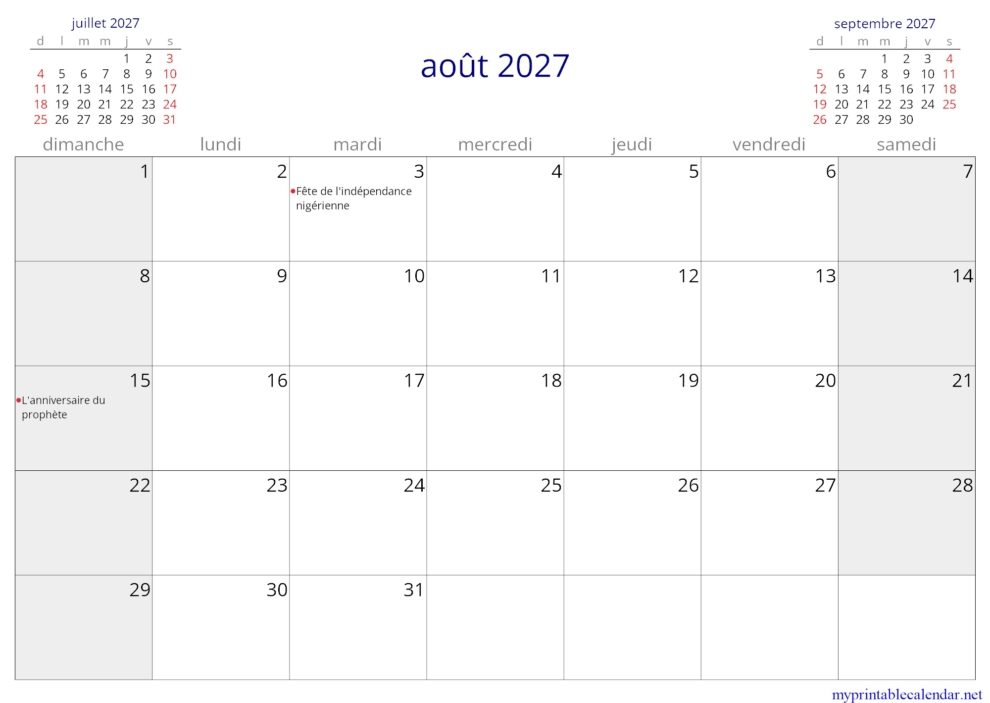 août 2027 monthly calendar, Niger, French jpg