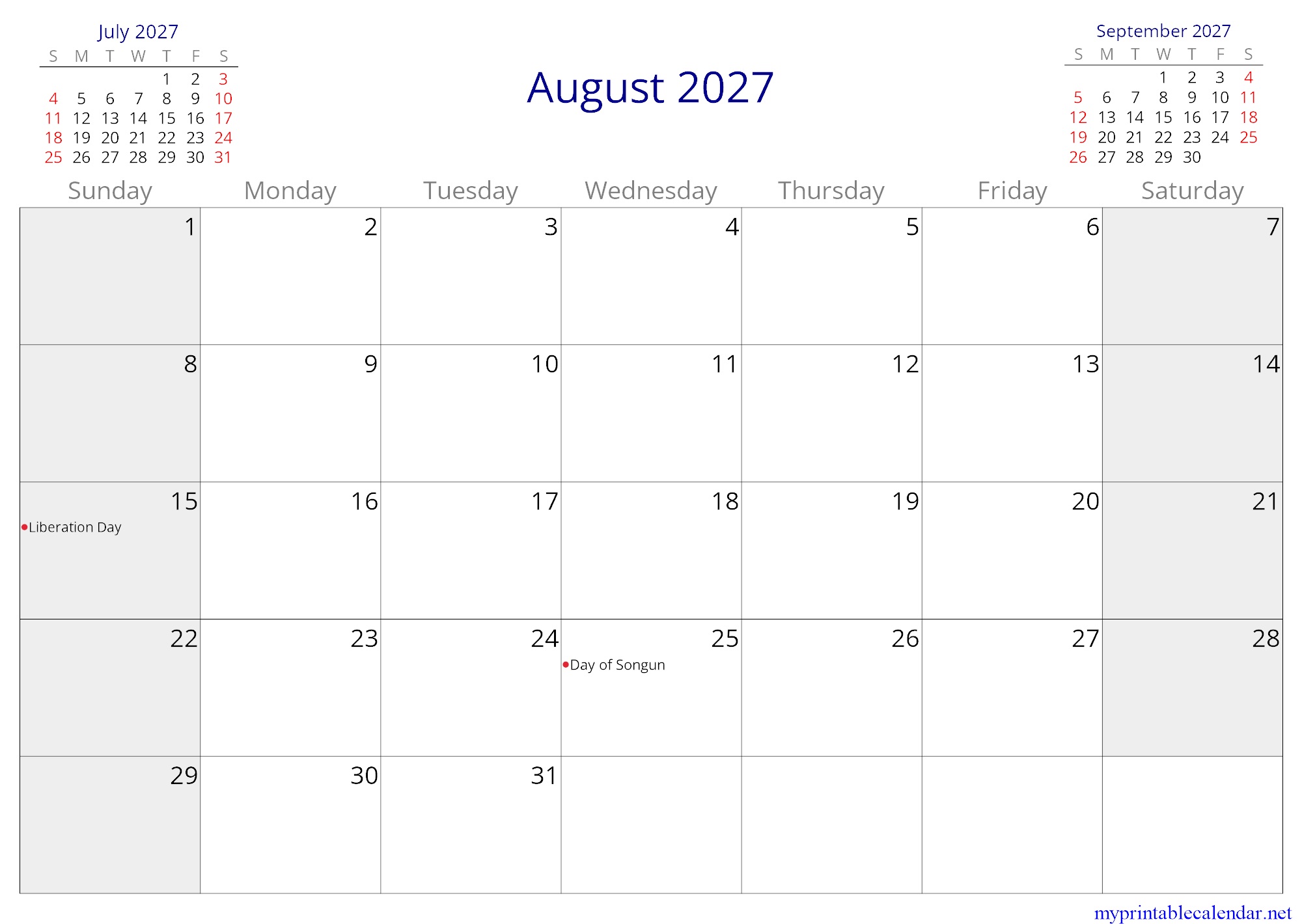 August 2027 monthly calendar, North Korea, in English jpg