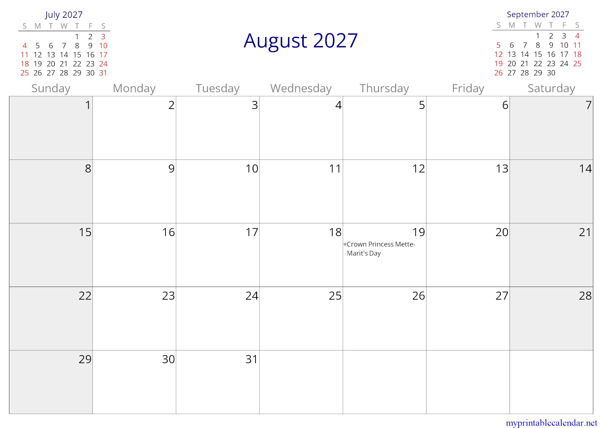 August 2027 monthly calendar, Norway, English jpg