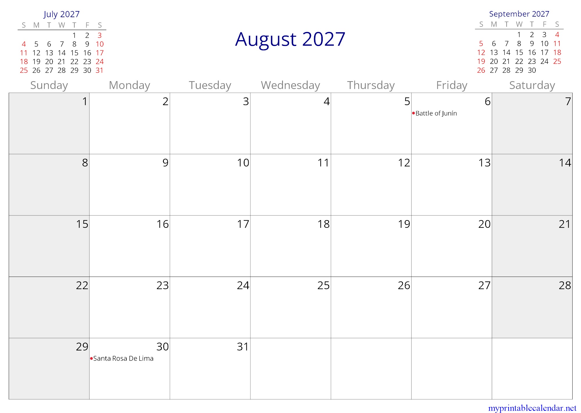 August 2027 monthly calendar, Peru, English jpg