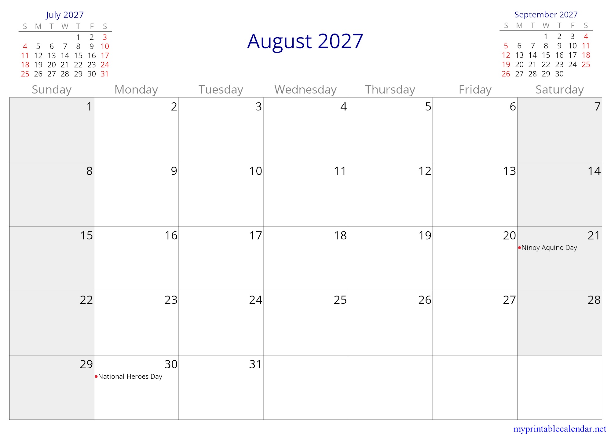 August 2027 monthly calendar, Philippines, English (US, CA) jpg