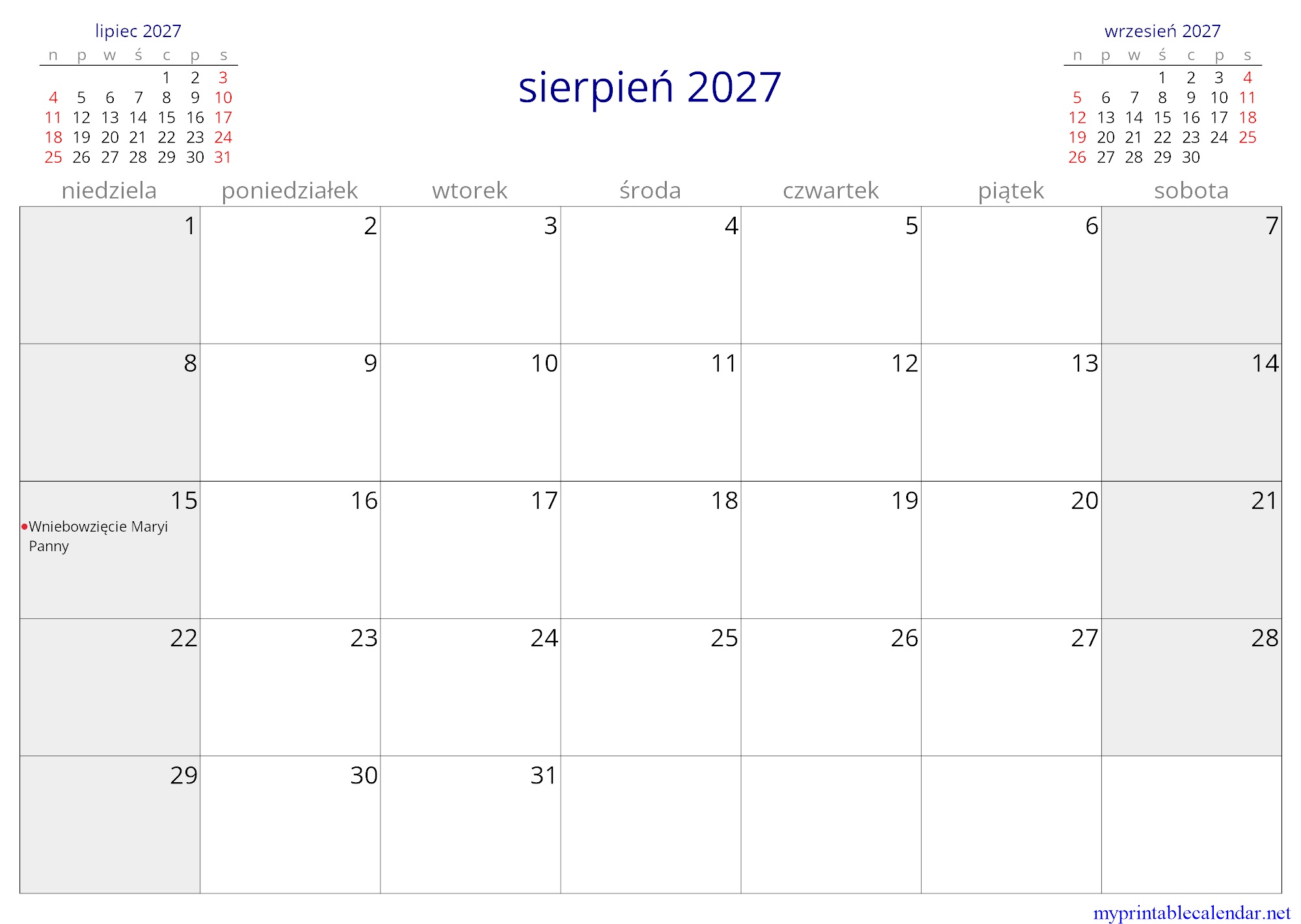 sierpień 2027 monthly calendar, Poland, Polish jpg