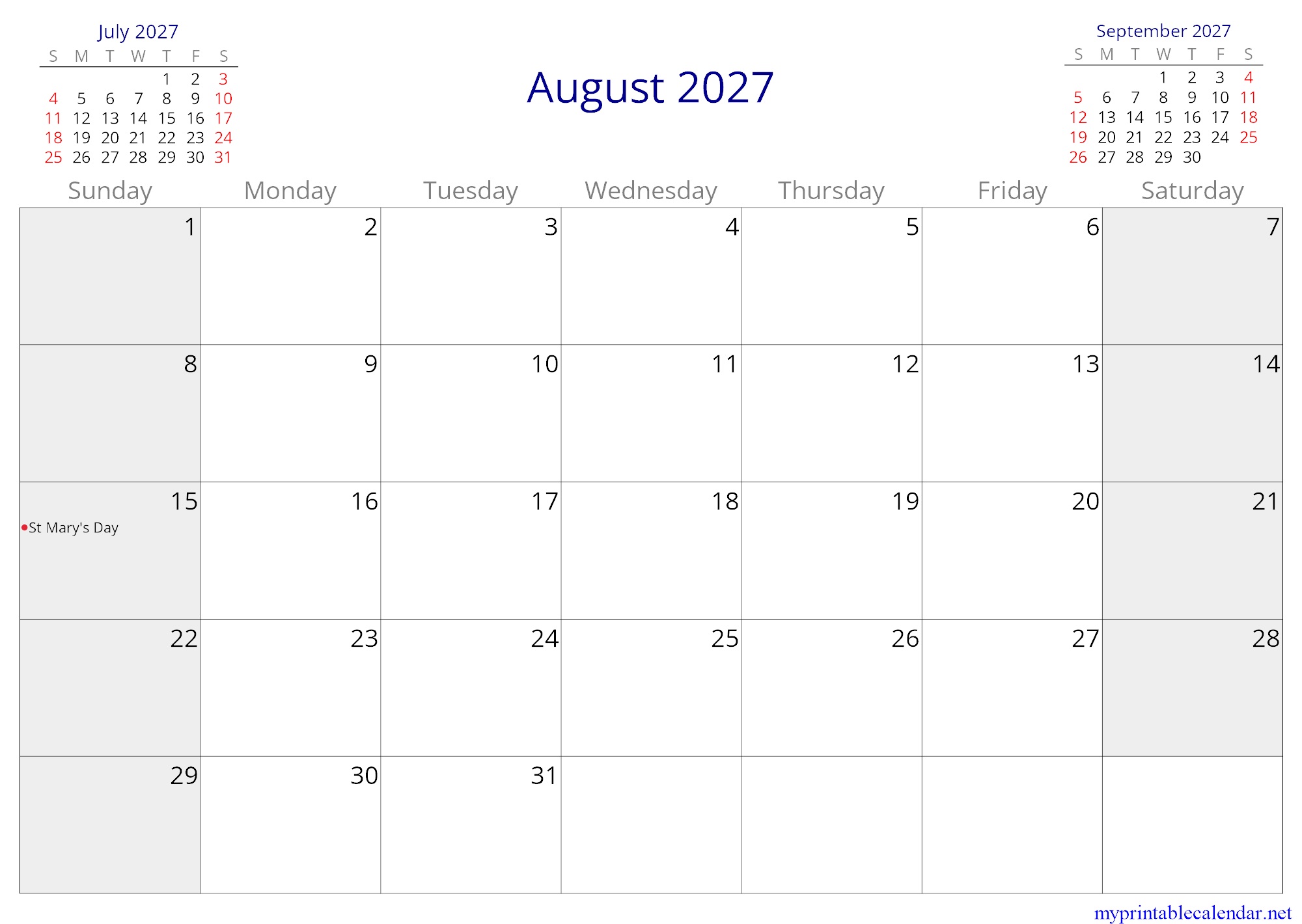August 2027 monthly calendar, Romania, in English jpg