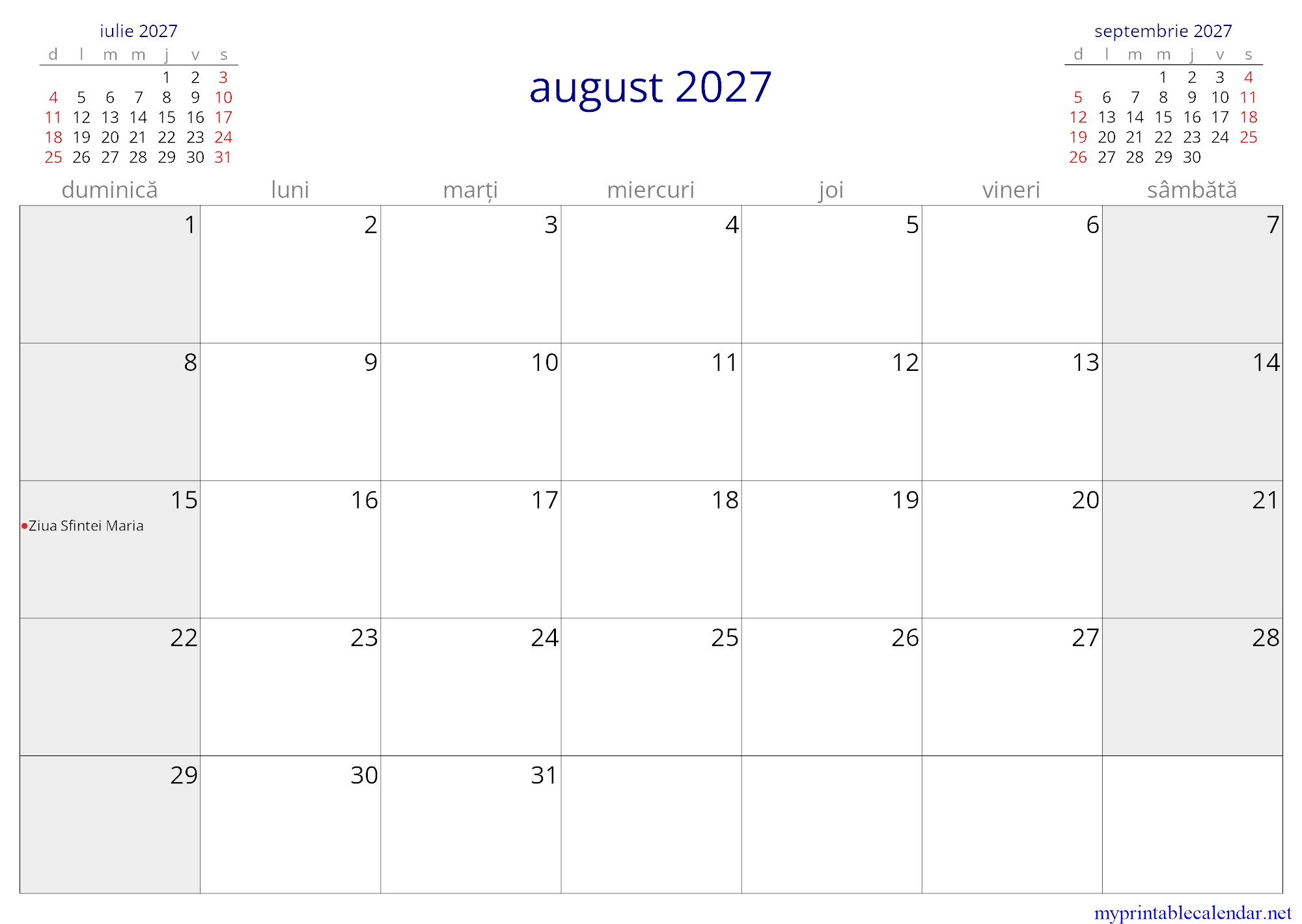 august 2027 monthly calendar, Romania, Romanian jpg