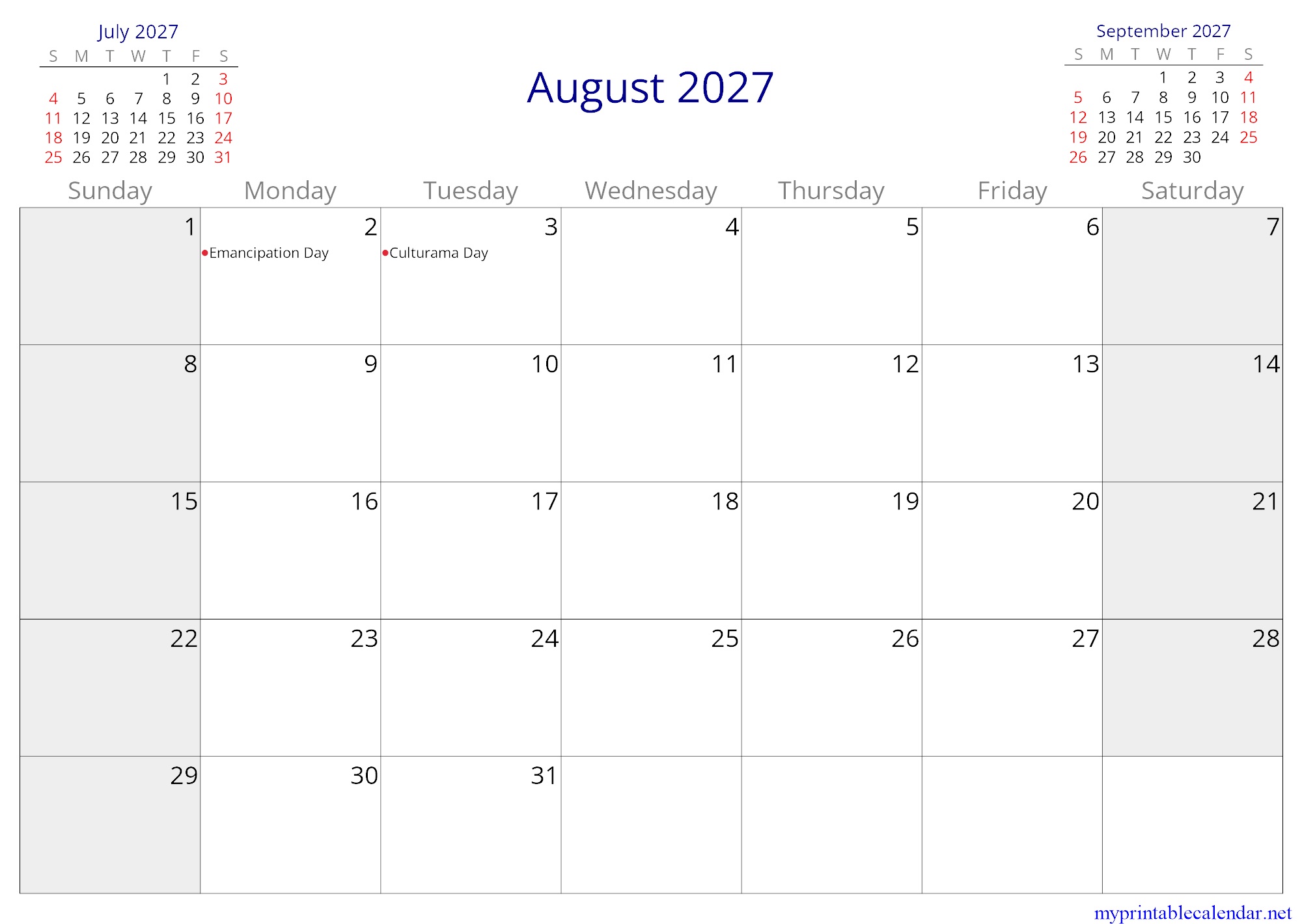 August 2027 monthly calendar, Saint Kitts and Nevis, English jpg