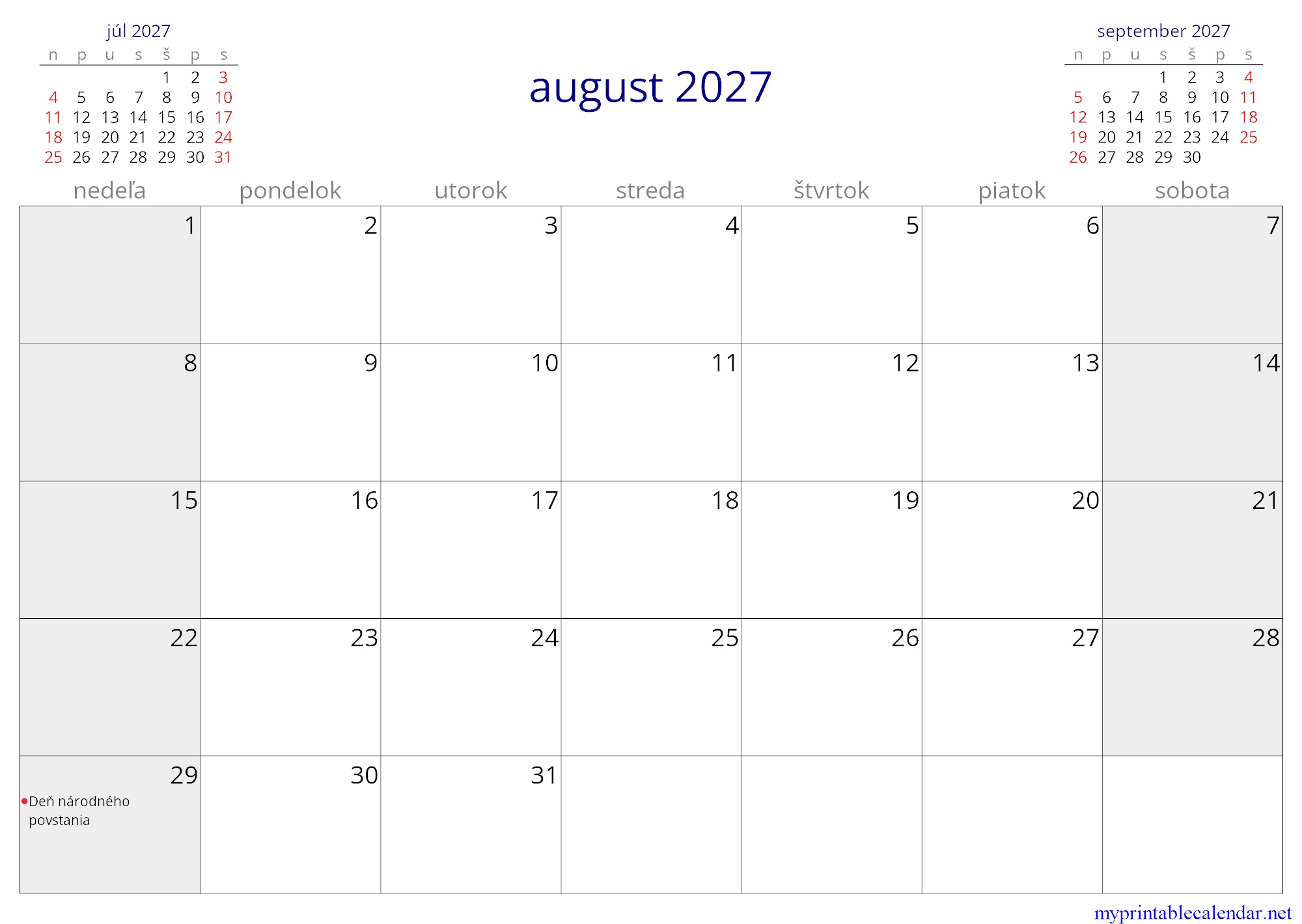 august 2027 monthly calendar, Slovakia, Slovak jpg
