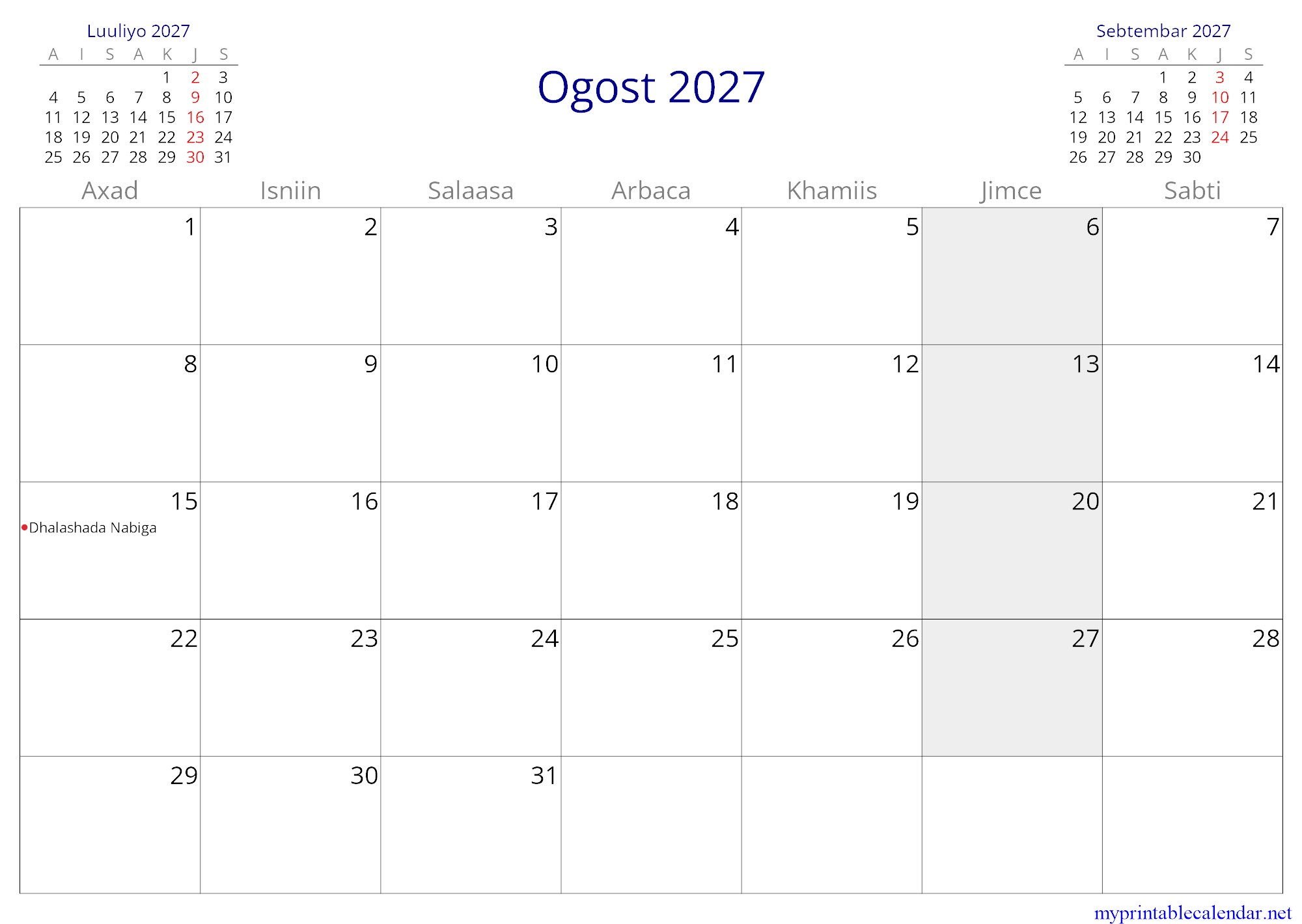 Ogost 2027 monthly calendar, Somalia, Somali jpg