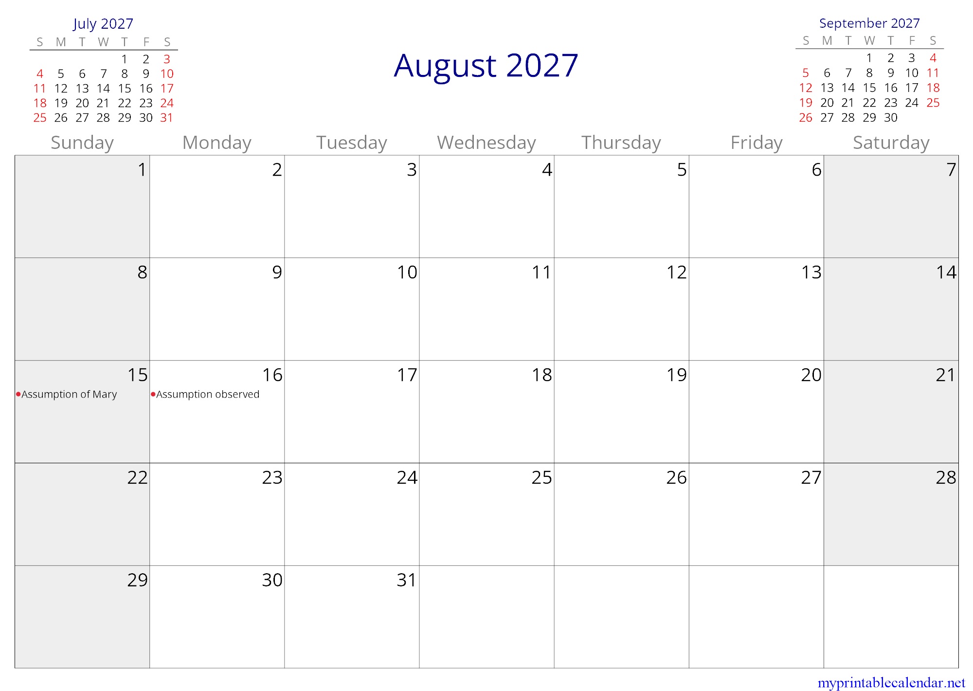 August 2027 monthly calendar, Spain, English jpg