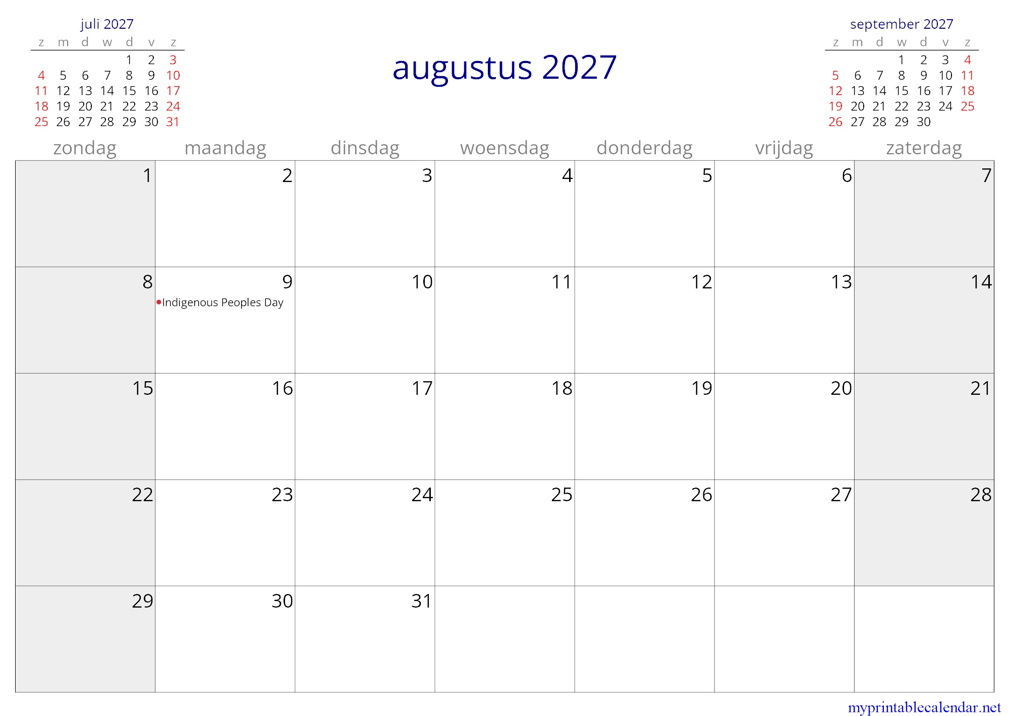 augustus 2027 monthly calendar, Suriname, Dutch jpg