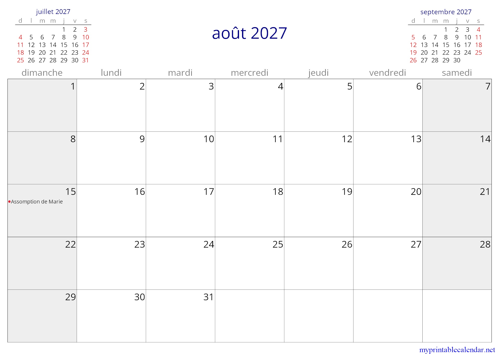 août 2027 monthly calendar, Togo, French jpg