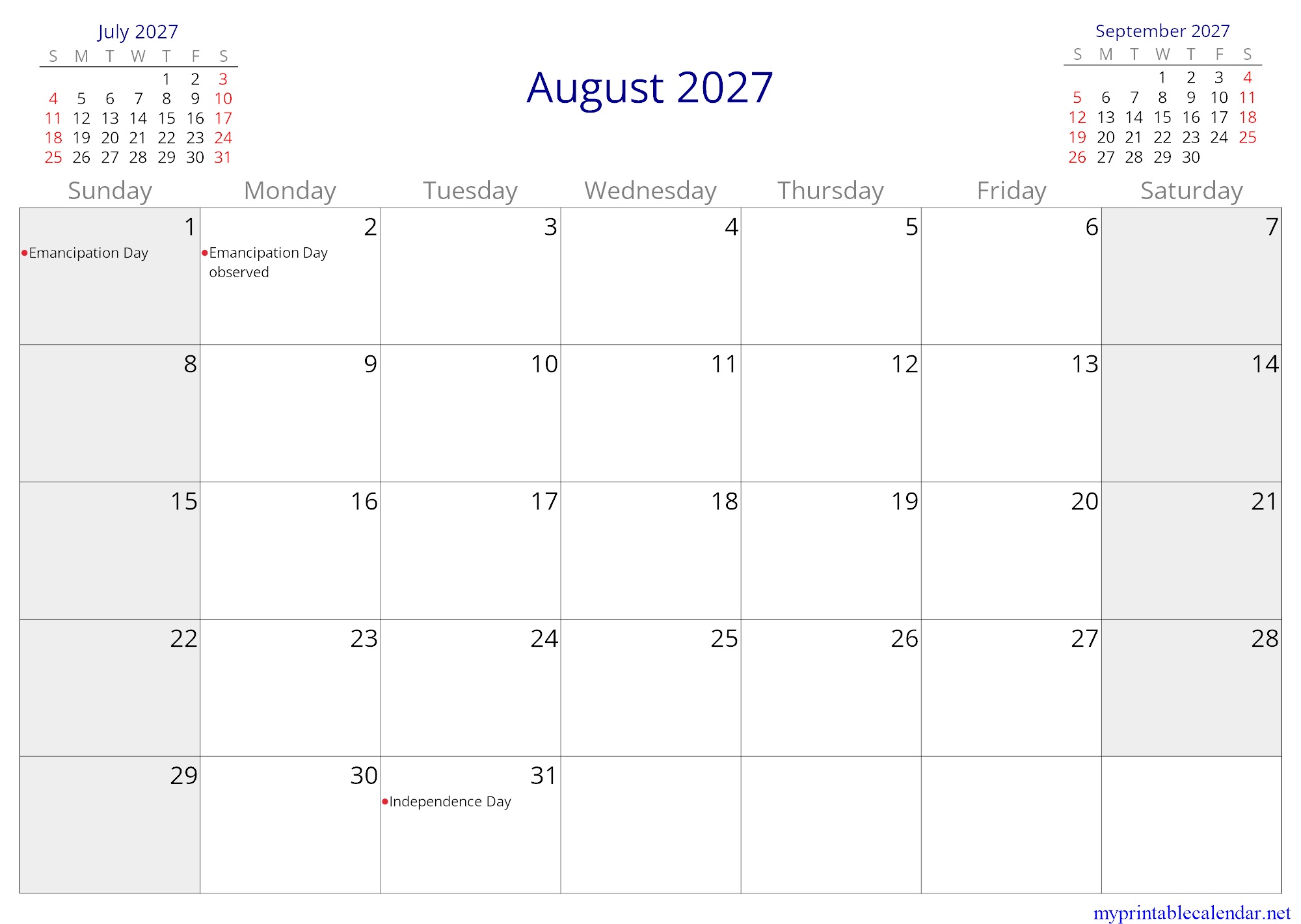 August 2027 monthly calendar, Trinidad and Tobago, English jpg