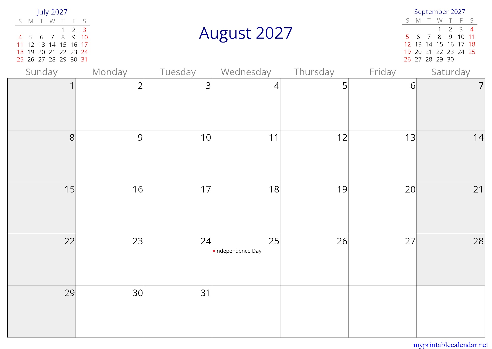 August 2027 monthly calendar, Uruguay, in English jpg