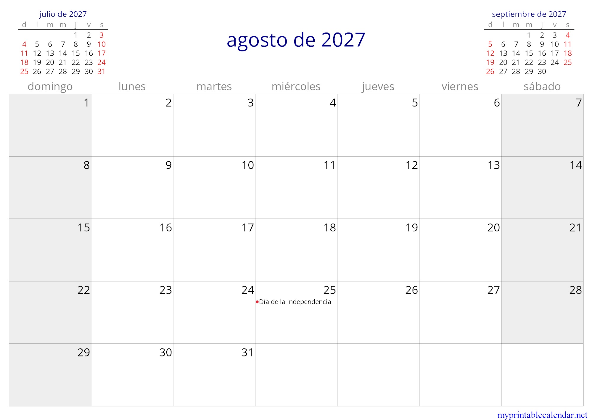 agosto de 2027 monthly calendar, Uruguay, Spanish jpg