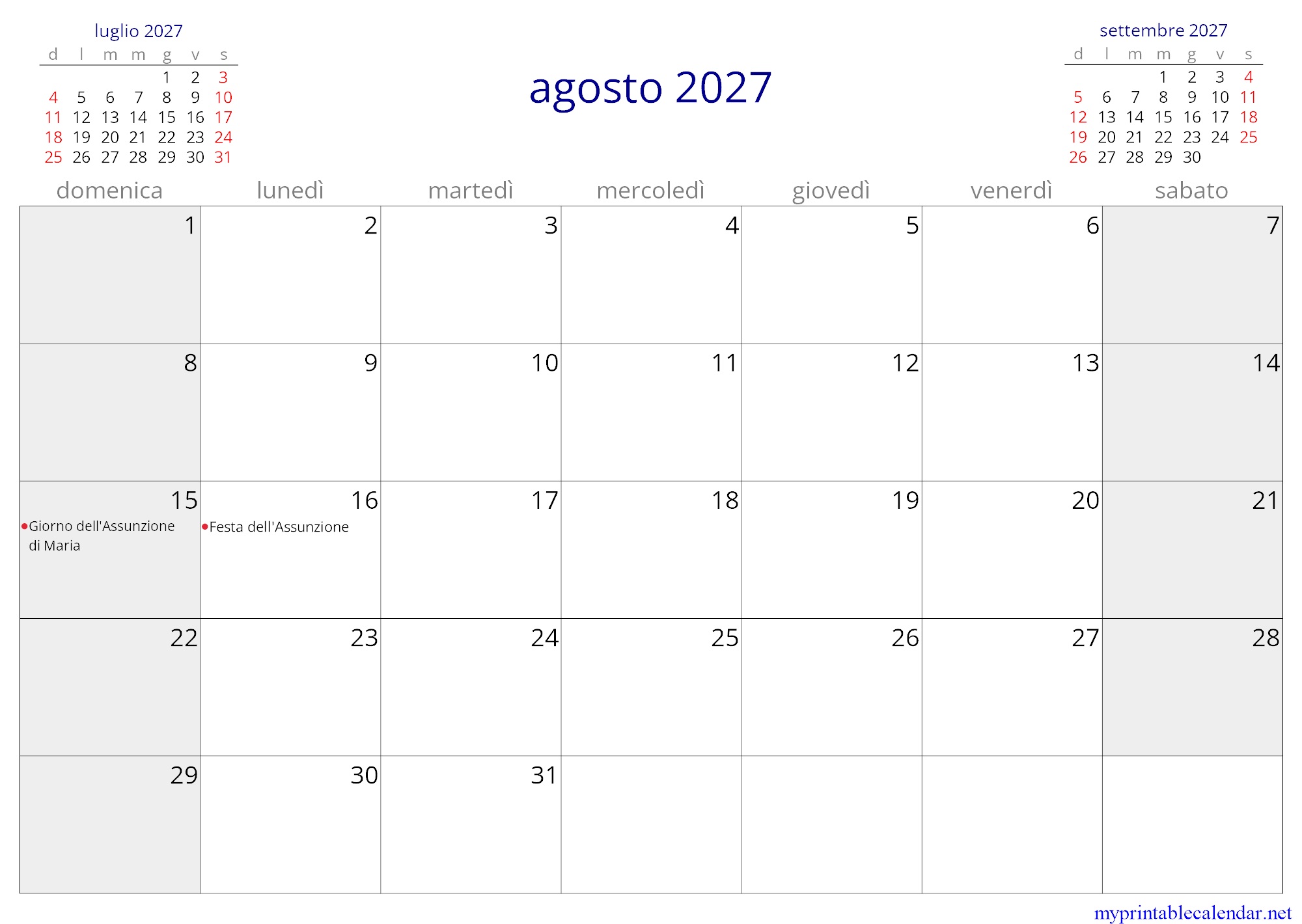 agosto 2027 monthly calendar, Vatican City, Italian jpg