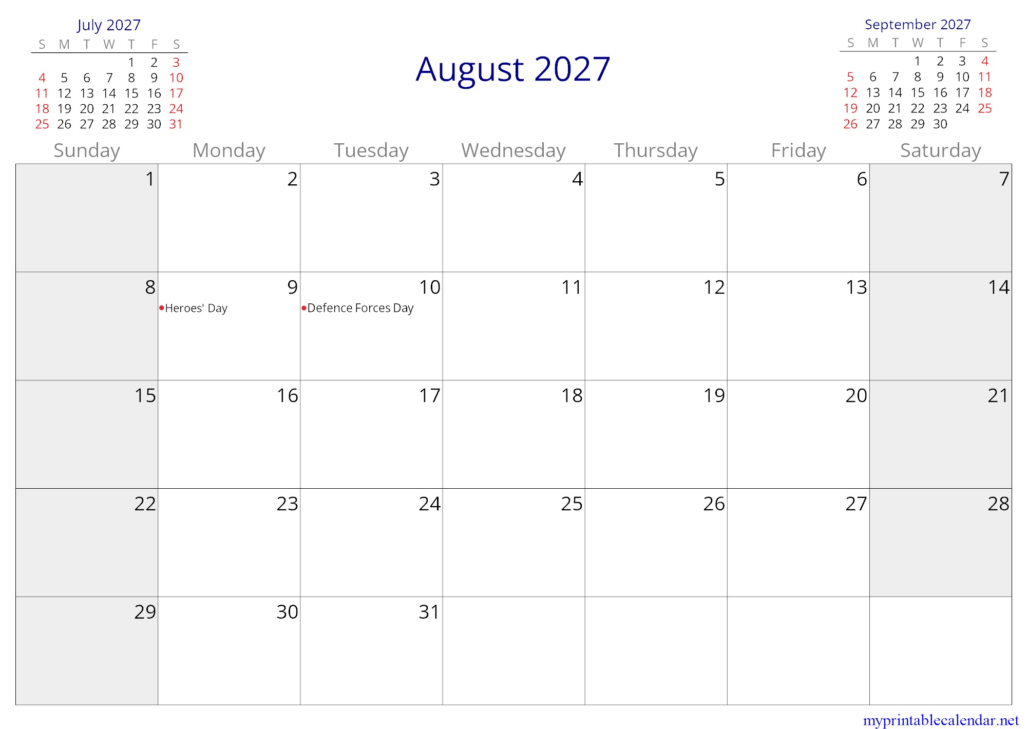 August 2027 monthly calendar, Zimbabwe, English jpg