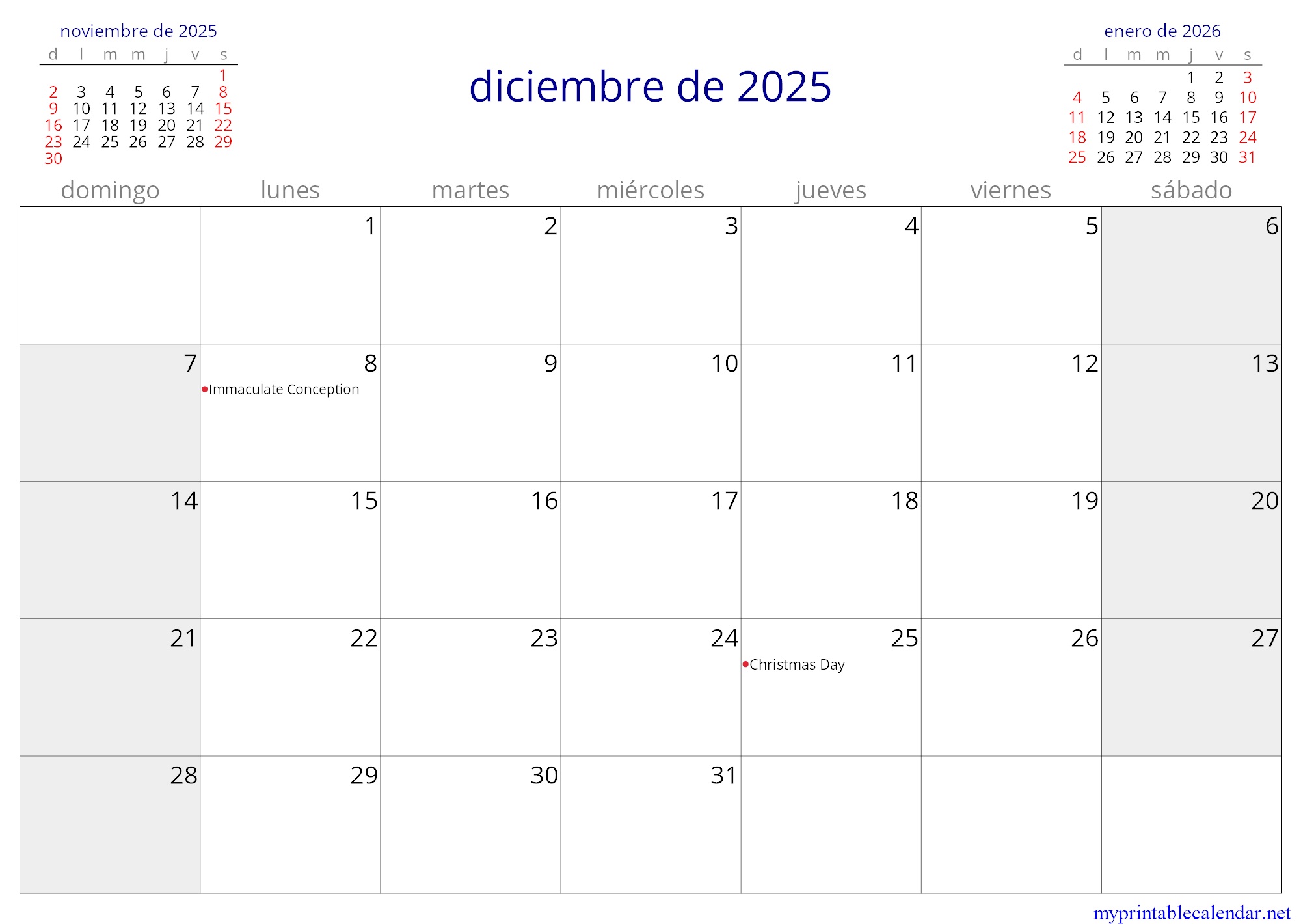 diciembre de 2025 monthly calendar, Seychelles, Spanish jpg