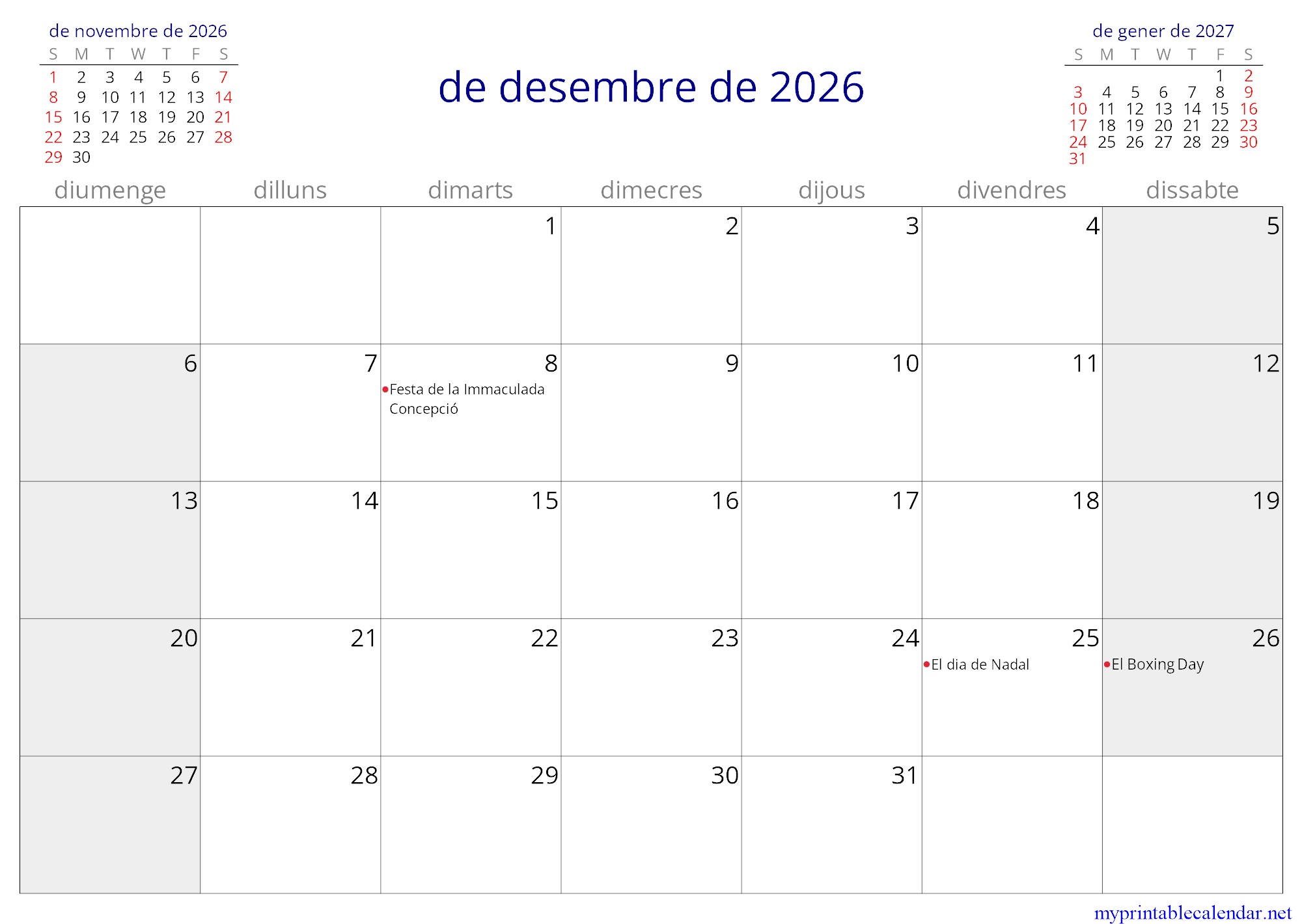 de desembre de 2026 monthly calendar, Andorra, Catalan jpg