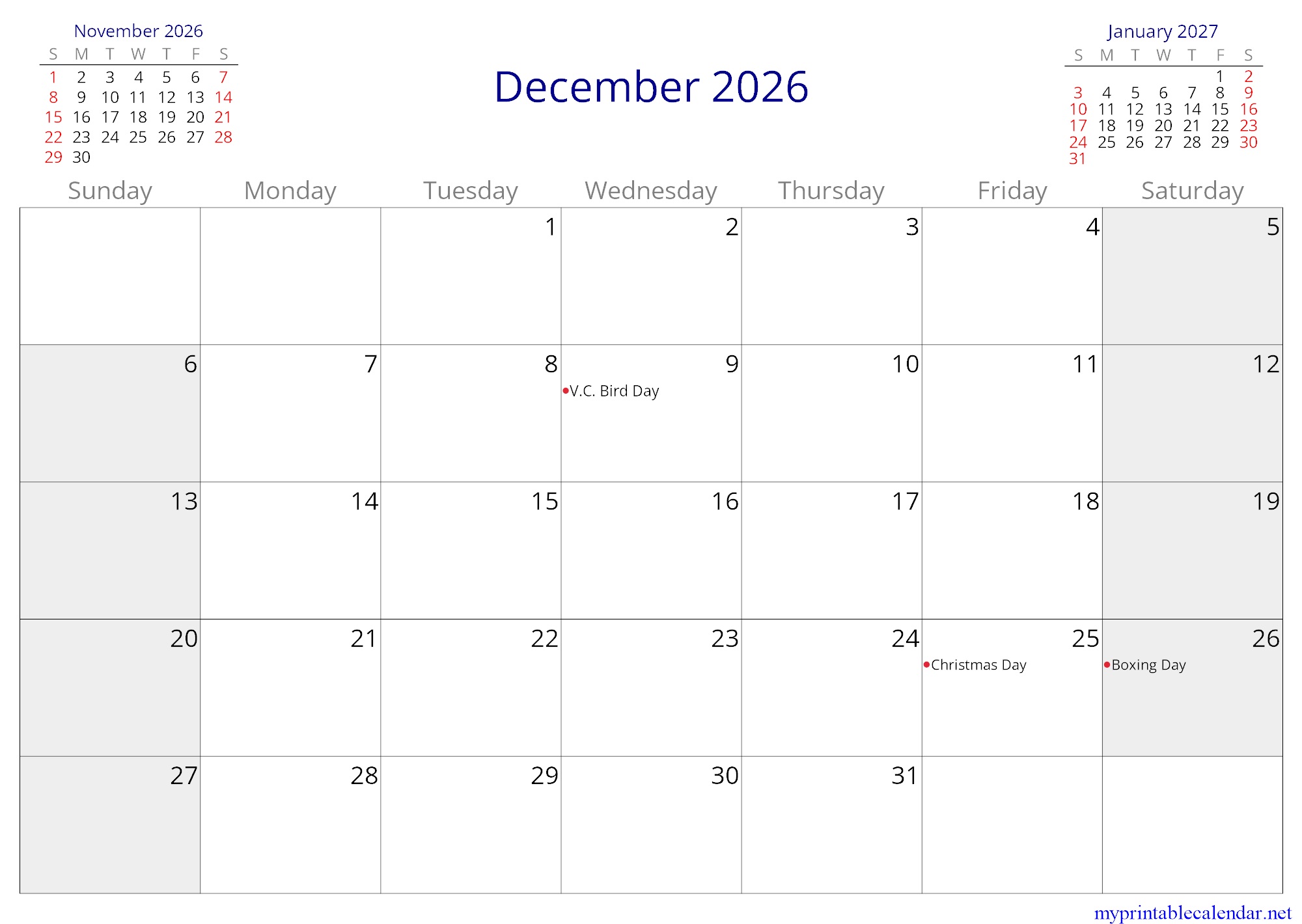 December 2026 monthly calendar, Antigua and Barbuda, English jpg