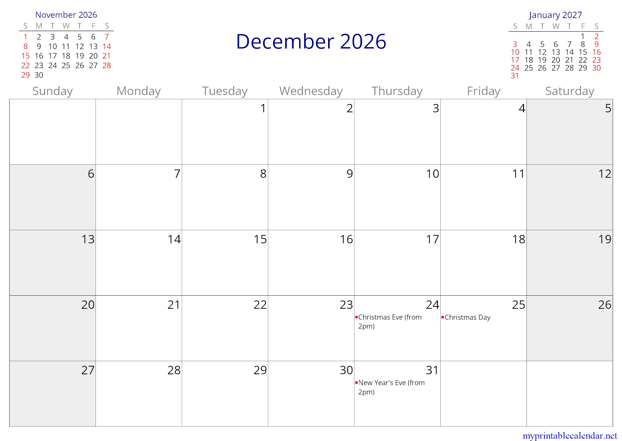 December 2026 monthly calendar, Brazil, in English jpg