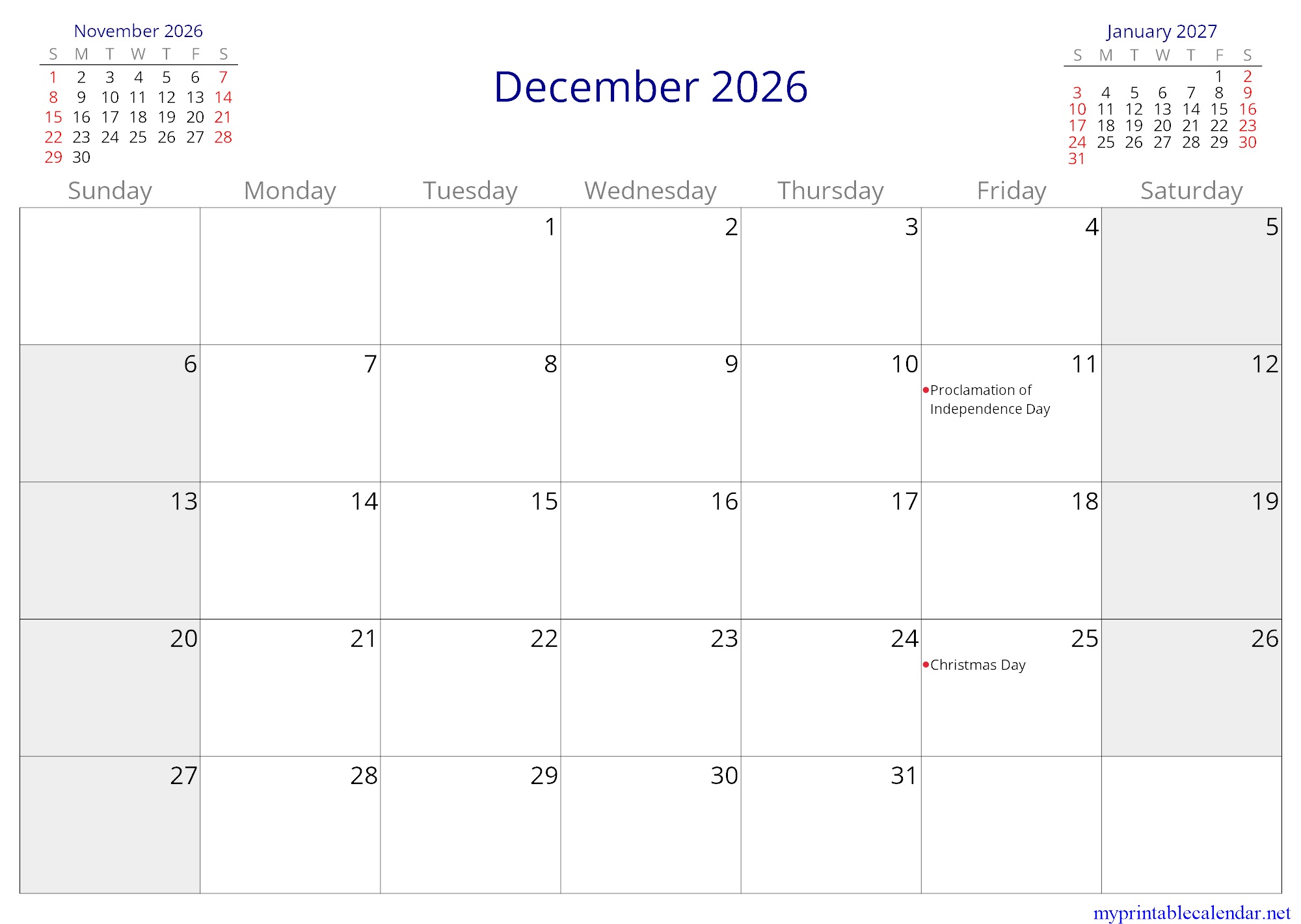 December 2026 monthly calendar, Burkina Faso, in English jpg