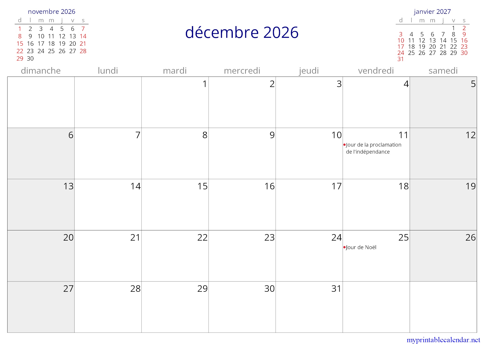 décembre 2026 monthly calendar, Burkina Faso, French jpg