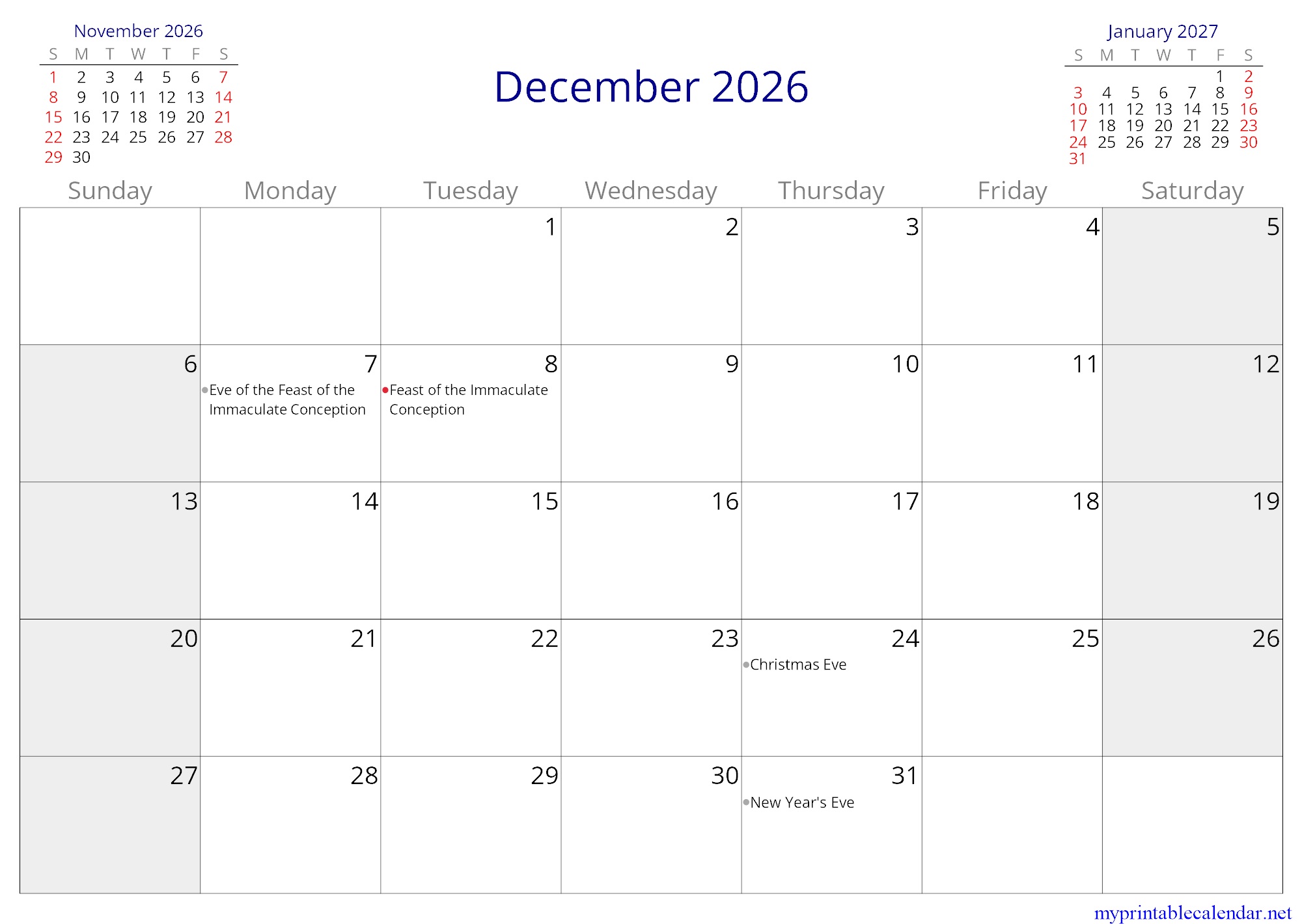 December 2026 monthly calendar, Colombia, in English jpg