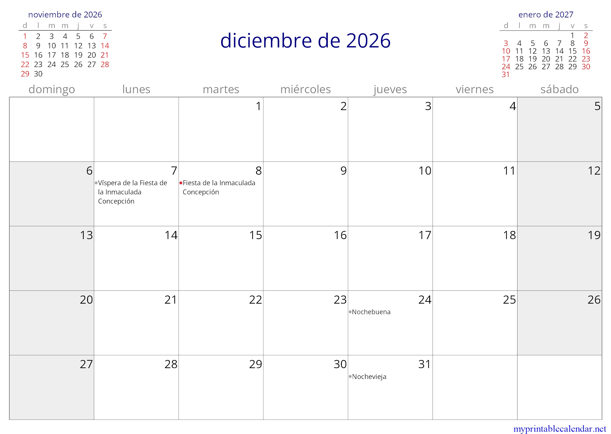 diciembre de 2026 monthly calendar, Colombia, Spanish jpg