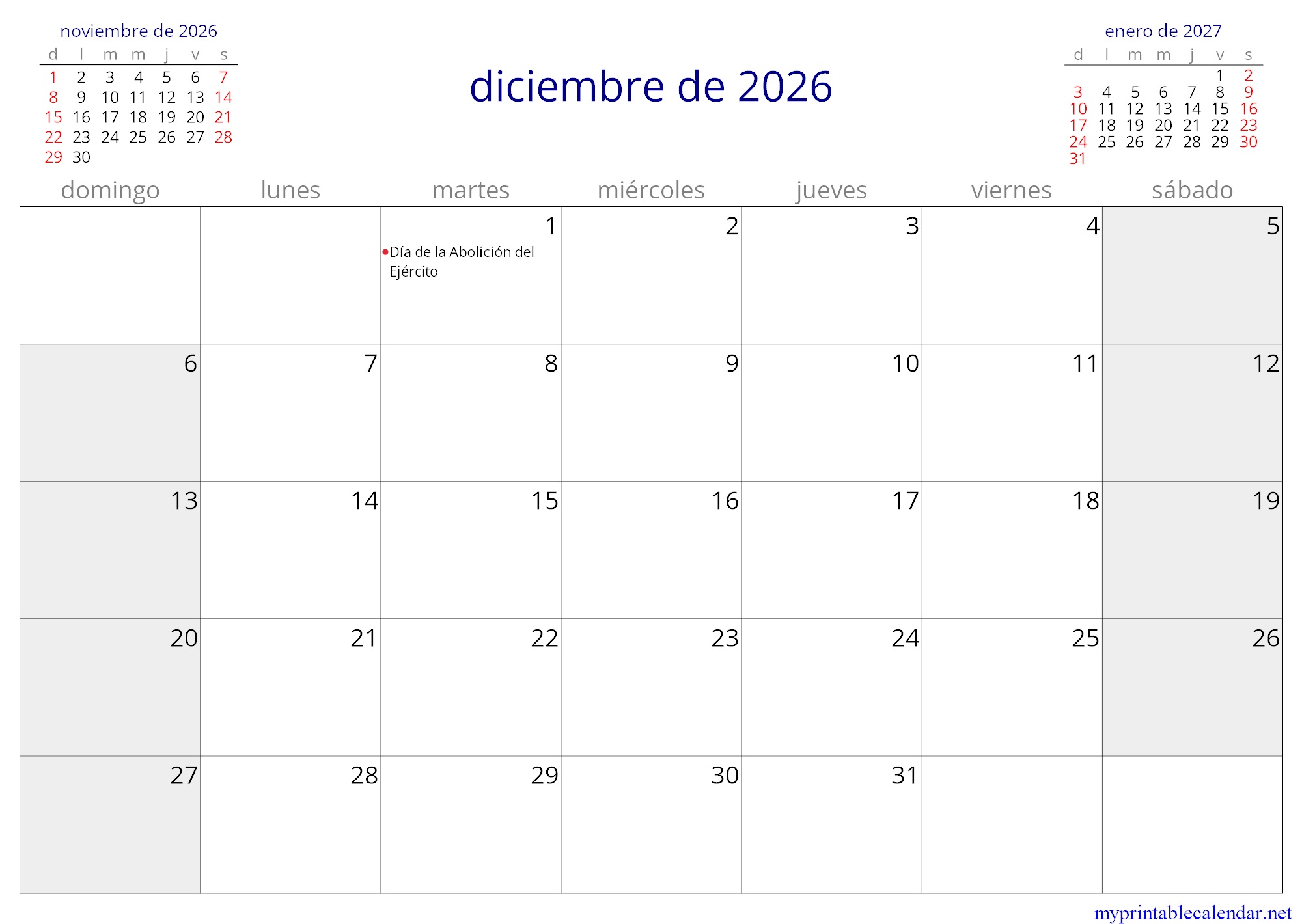 diciembre de 2026 monthly calendar, Costa Rica, Spanish jpg