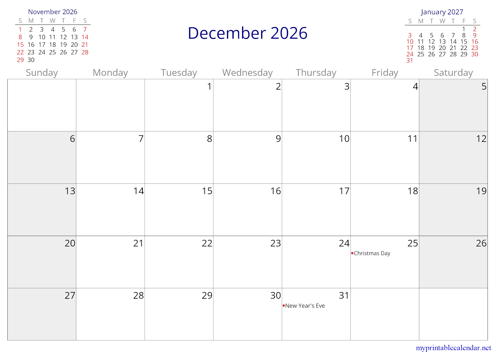 December 2026 monthly calendar, Cuba, in English jpg