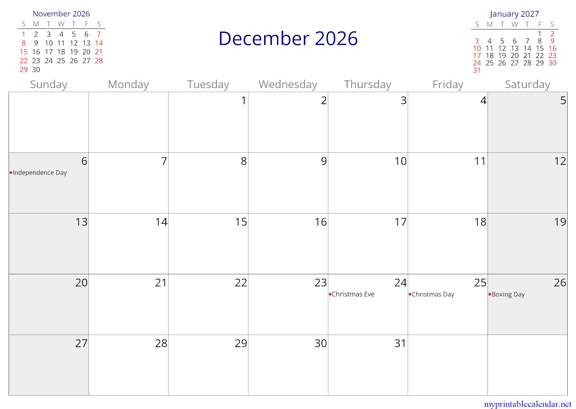 December 2026 monthly calendar, Finland, English jpg