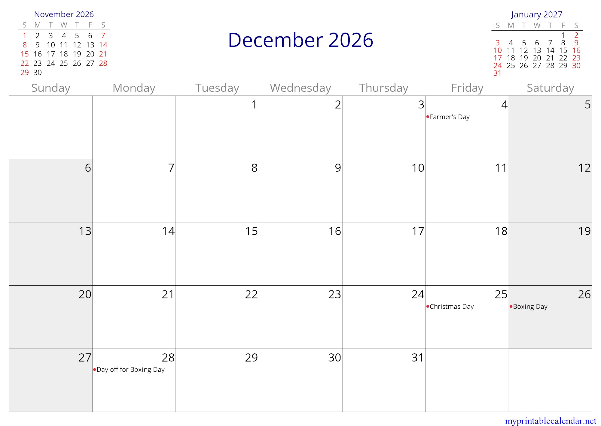 December 2026 monthly calendar, Ghana, English jpg
