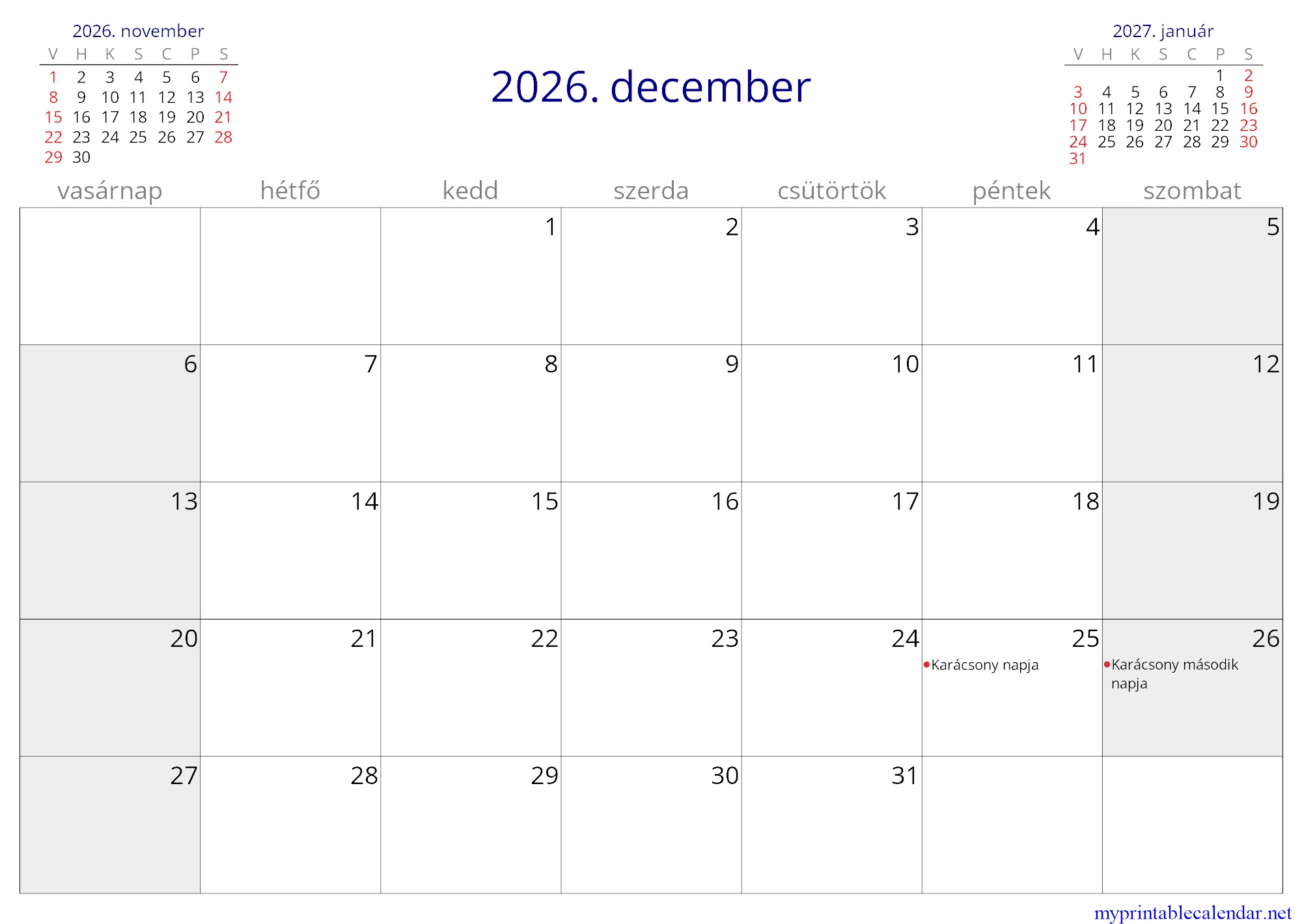 2026. december monthly calendar, Hungary, Hungarian jpg