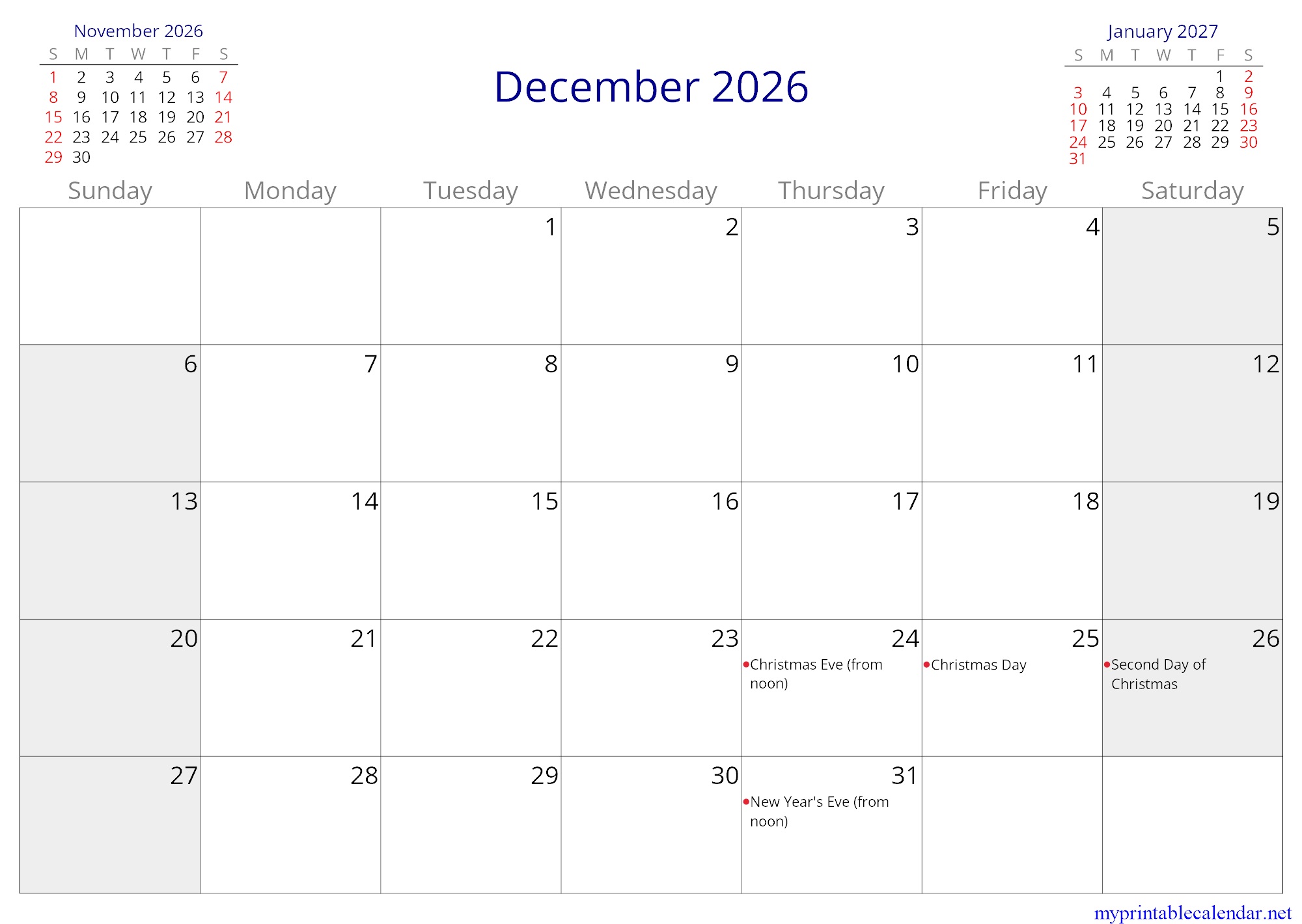 December 2026 monthly calendar, Iceland, in English jpg