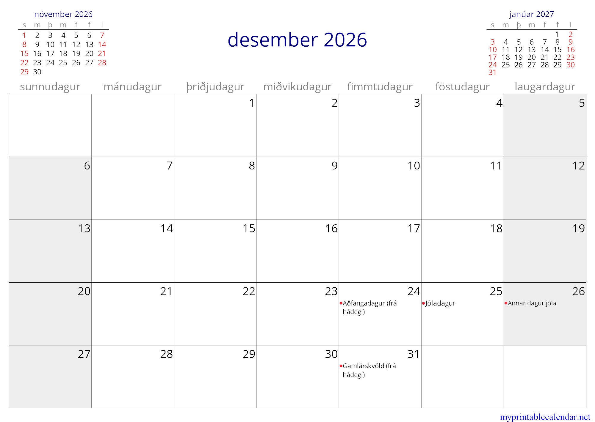 desember 2026 monthly calendar, Iceland, Icelandic jpg