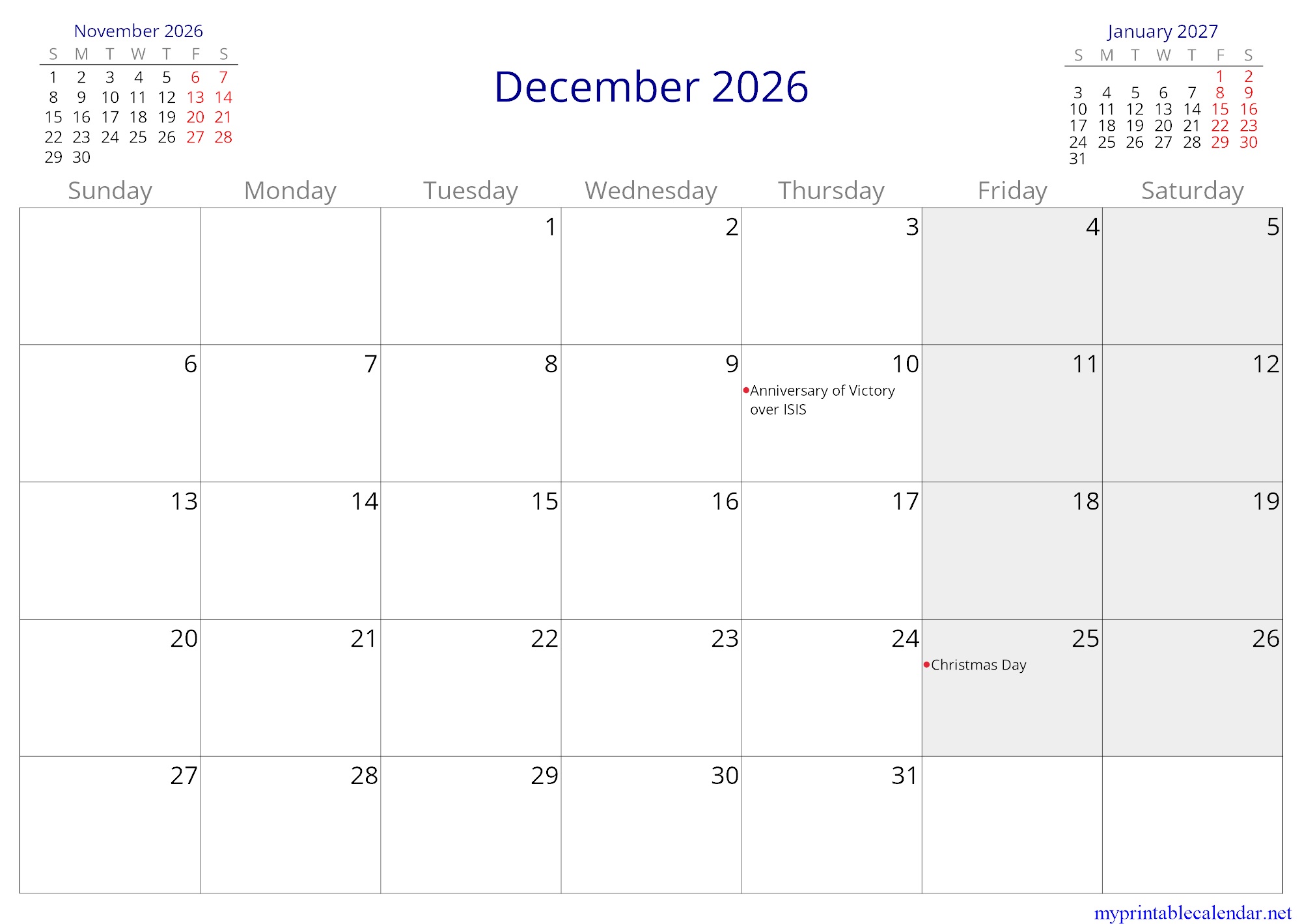 December 2026 monthly calendar, Iraq, English jpg