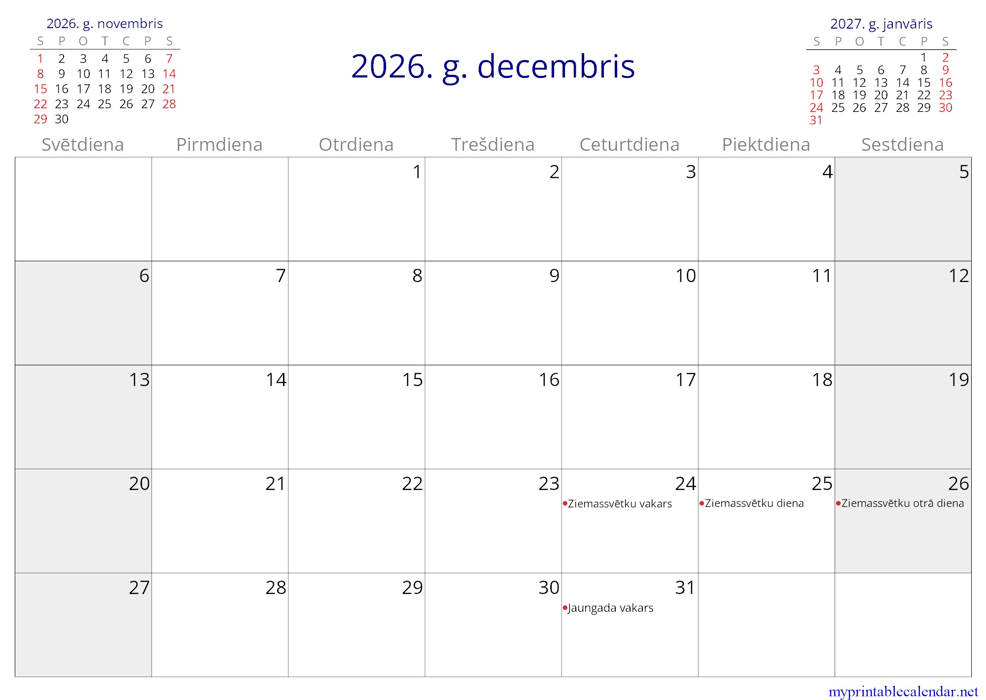 2026. g. decembris monthly calendar, Latvia, Latvian jpg