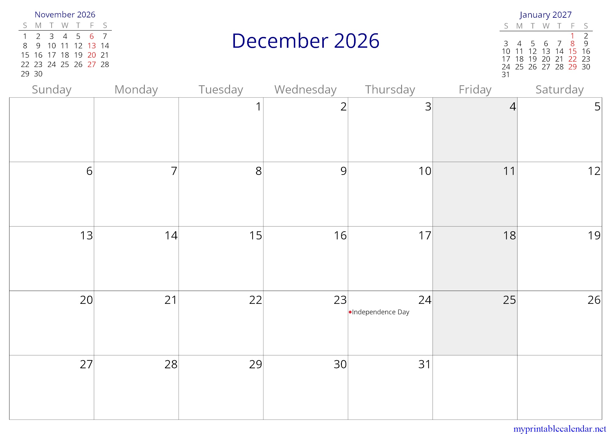 December 2026 monthly calendar, Libya, in English jpg