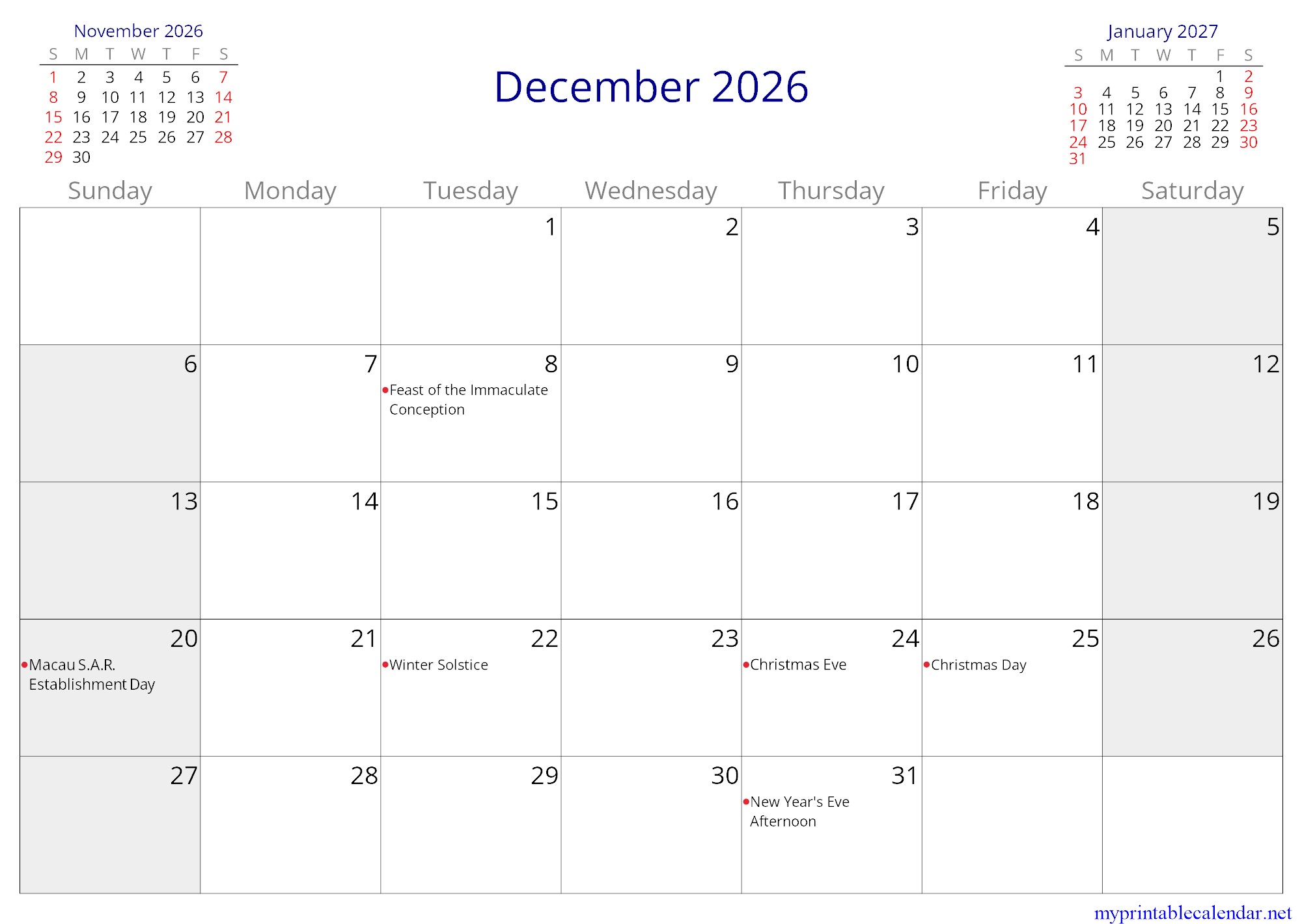 December 2026 monthly calendar, Macao, English jpg