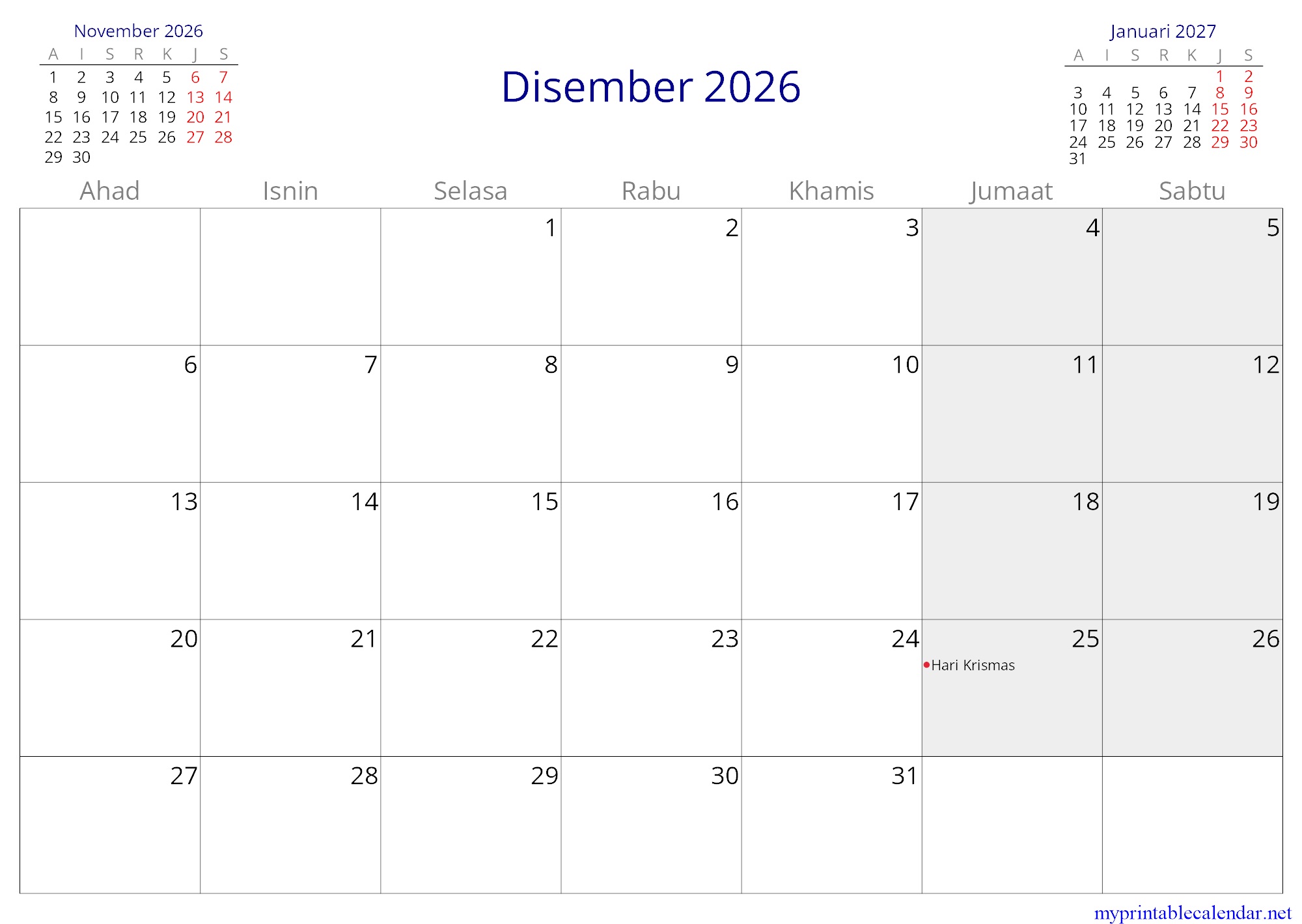 Disember 2026 monthly calendar, Malaysia, Malay jpg