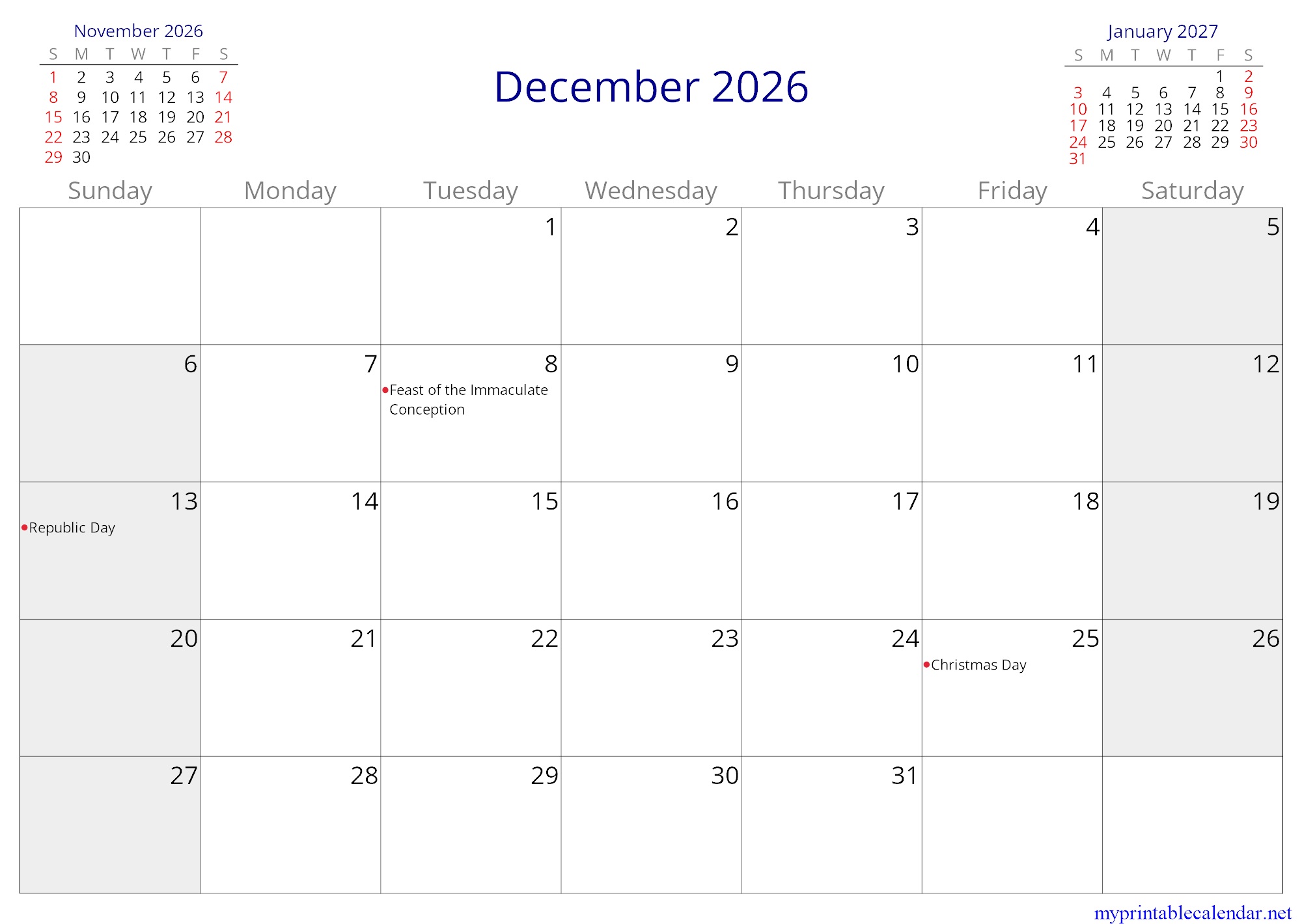 December 2026 monthly calendar, Malta, English jpg