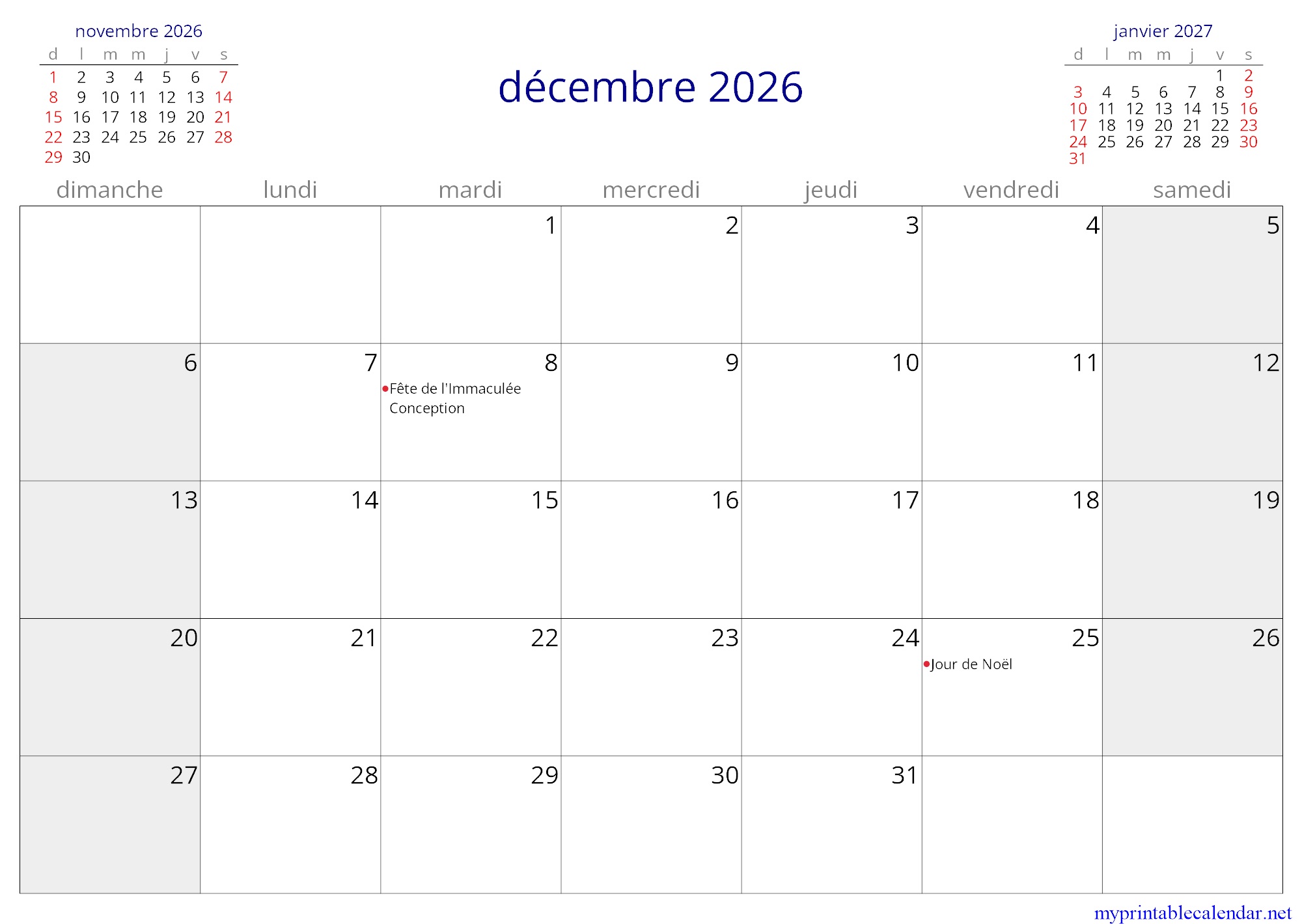 décembre 2026 monthly calendar, Monaco, French jpg