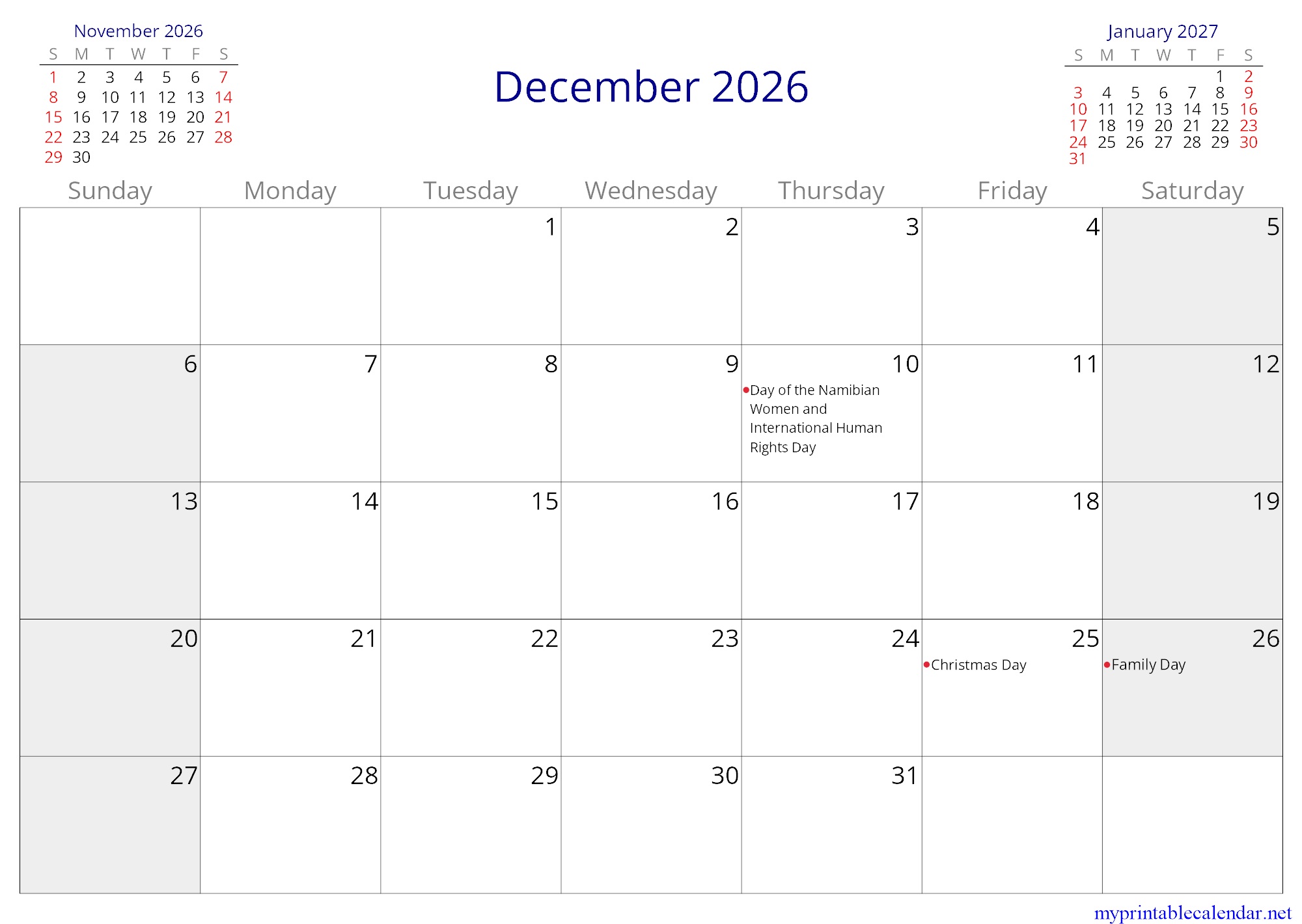December 2026 monthly calendar, Namibia, English jpg