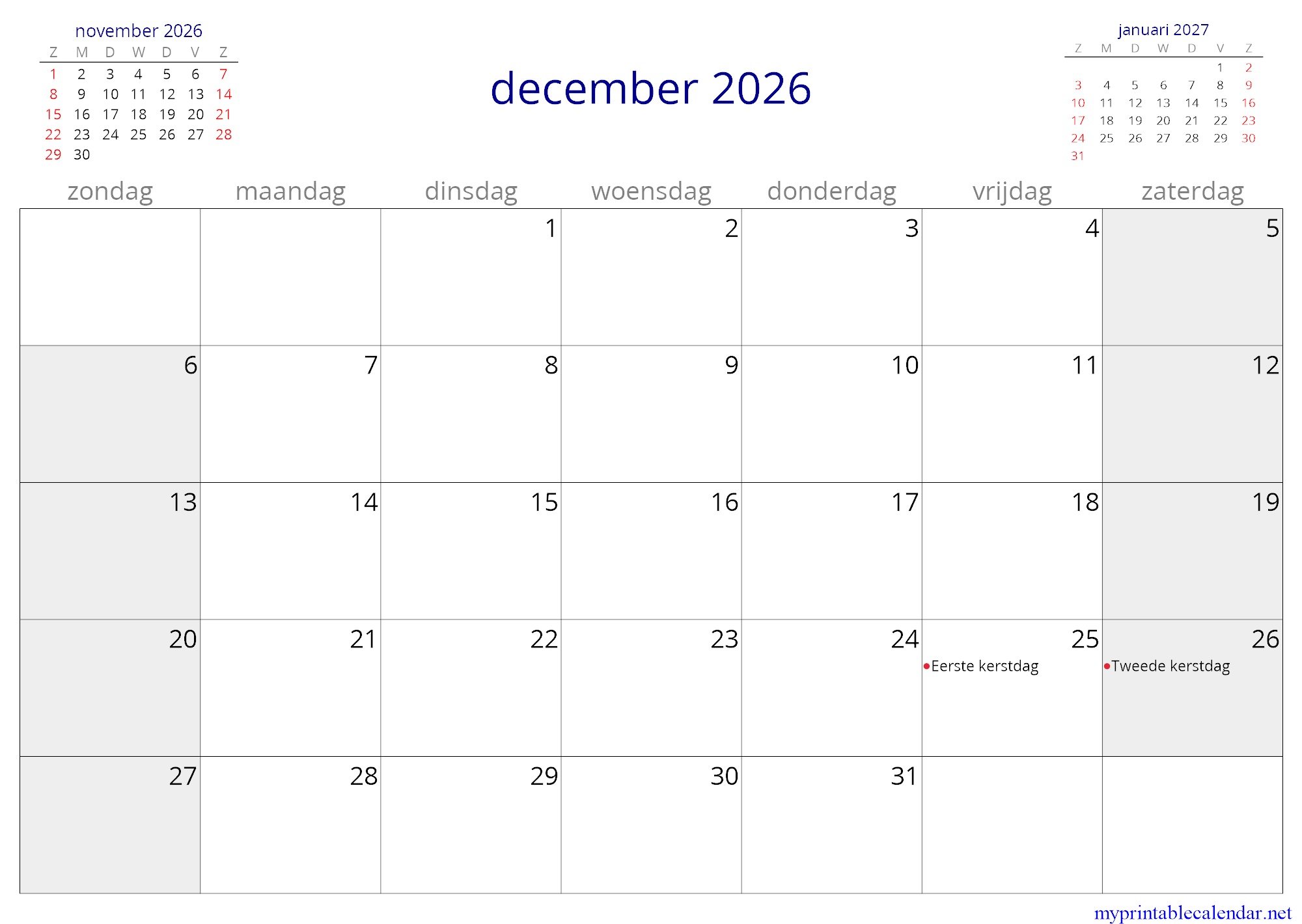 december 2026 monthly calendar, Netherlands, Dutch jpg