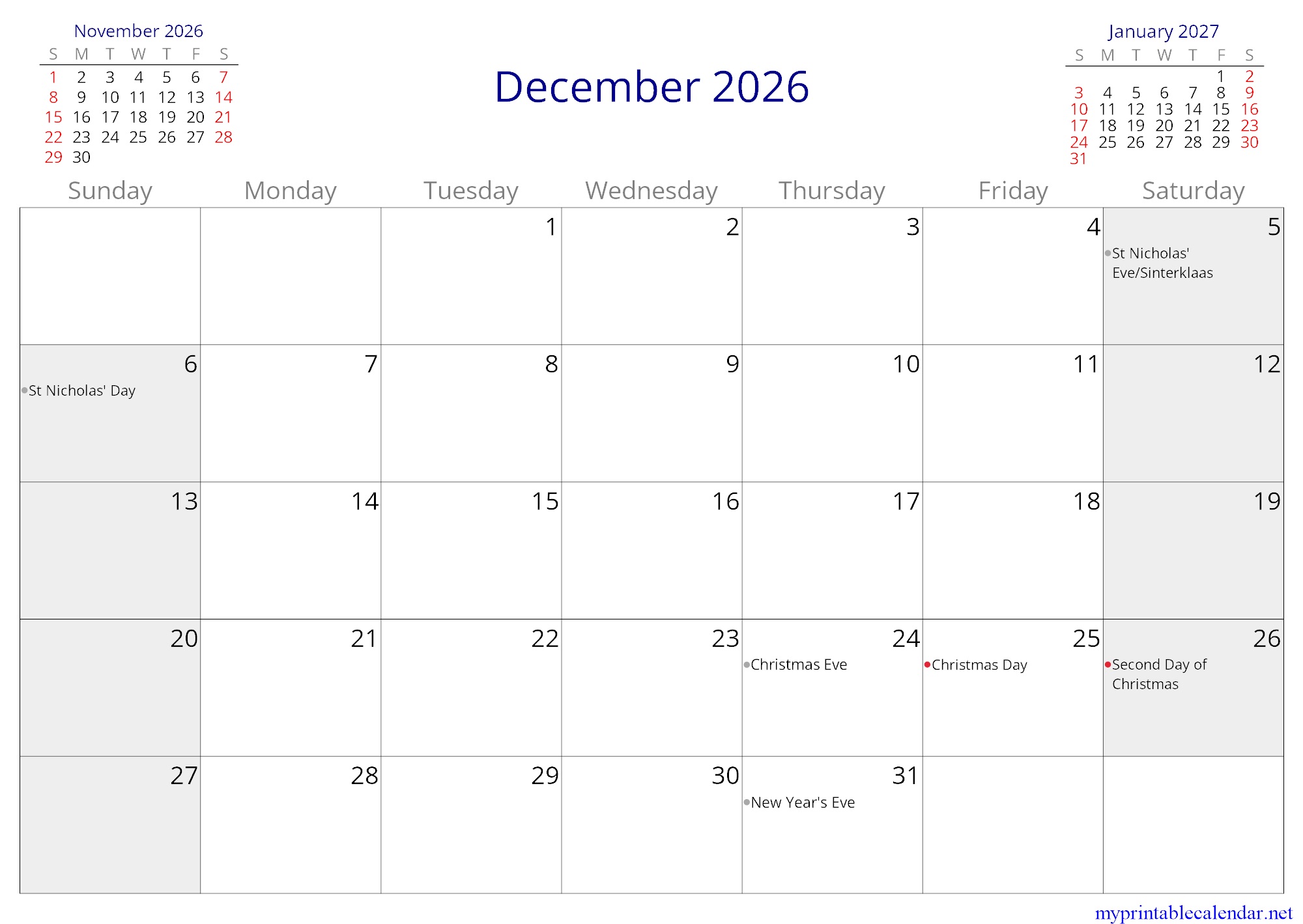 December 2026 monthly calendar, Netherlands, English jpg
