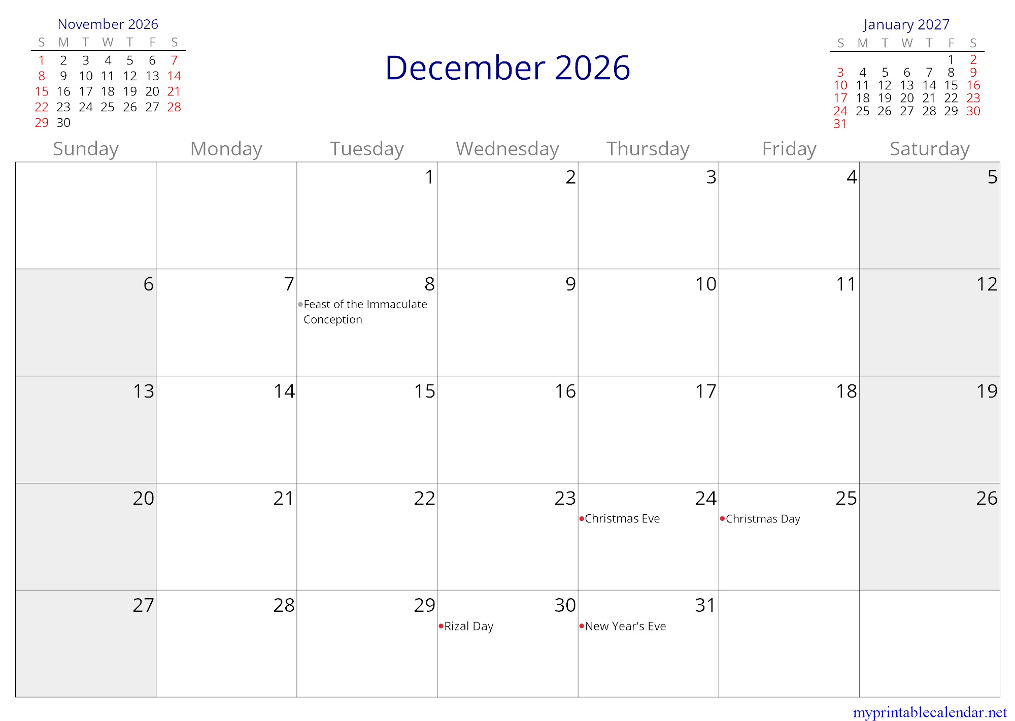 December 2026 monthly calendar, Philippines, English (US, CA) jpg