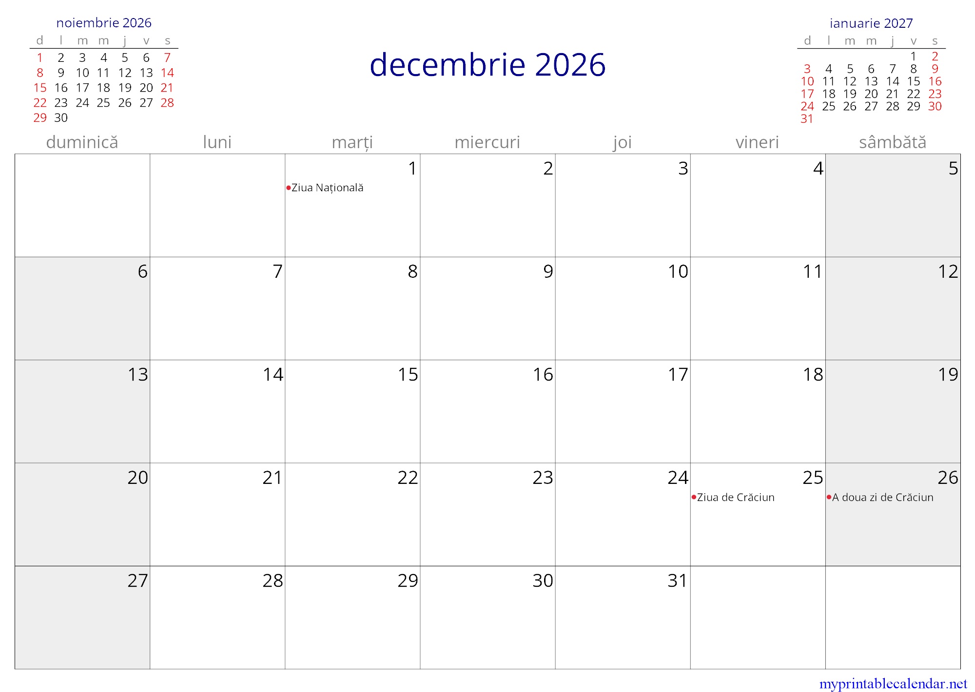 decembrie 2026 monthly calendar, Romania, Romanian jpg