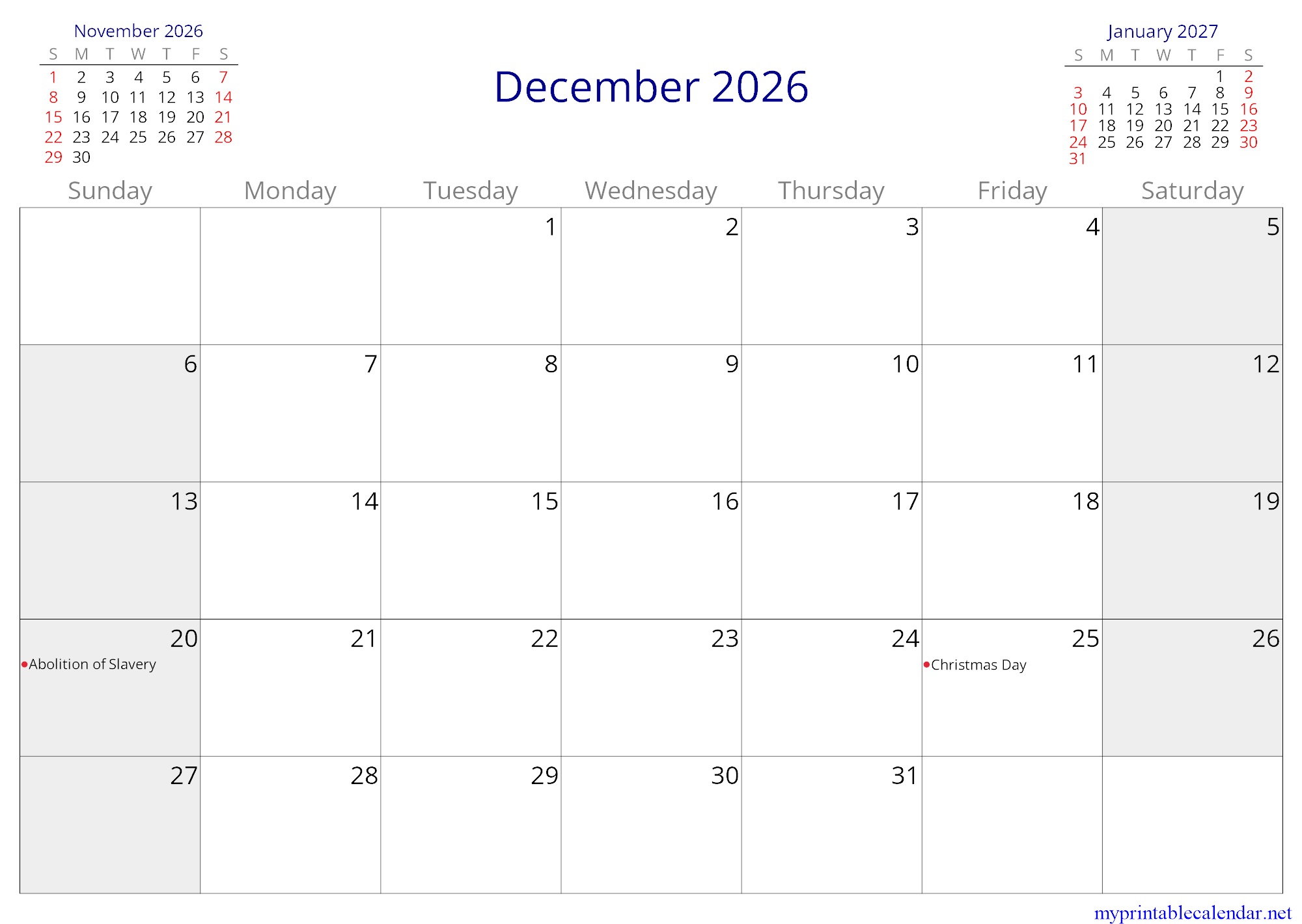 December 2026 monthly calendar, Réunion, in English jpg