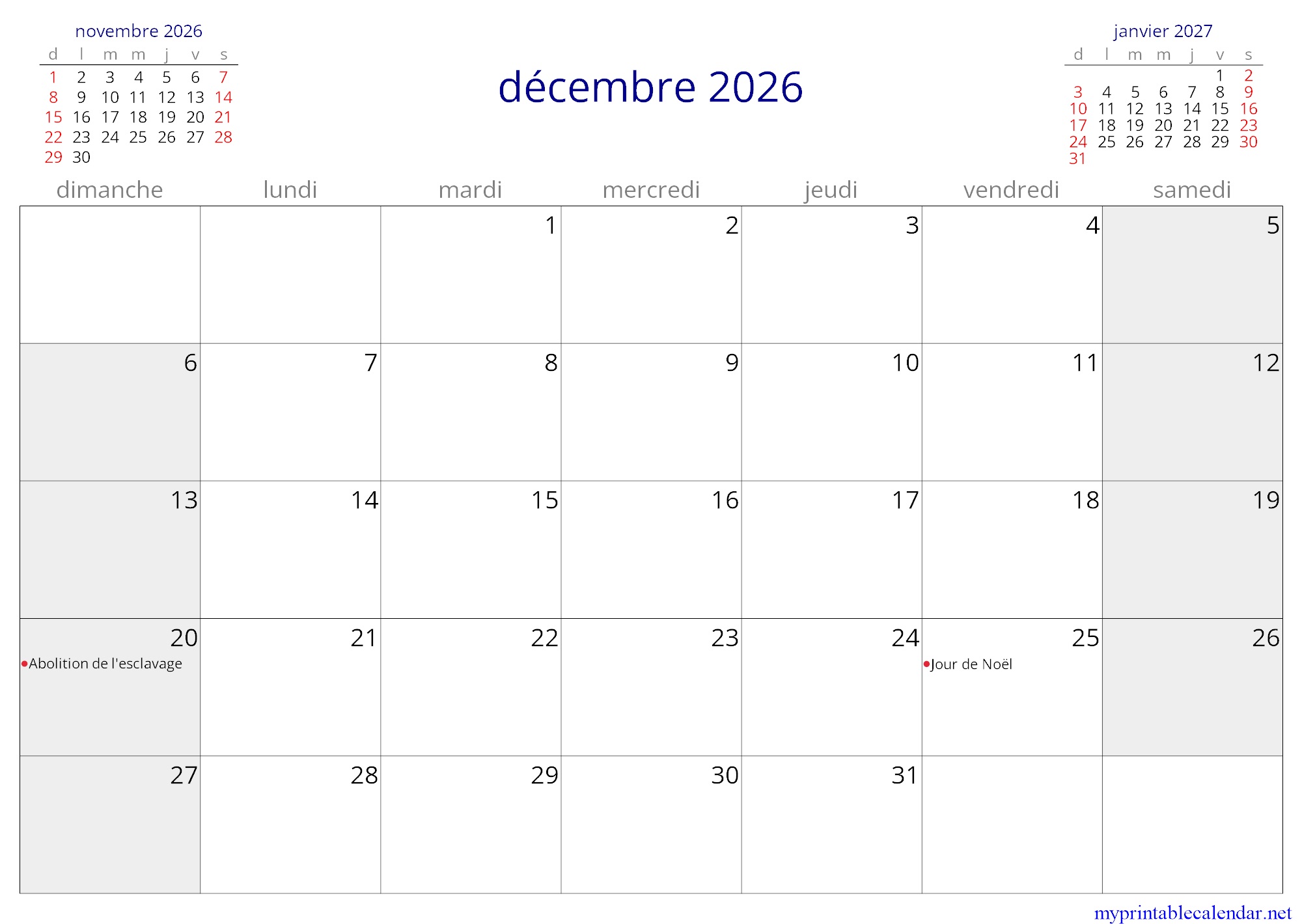 décembre 2026 monthly calendar, Réunion, French jpg