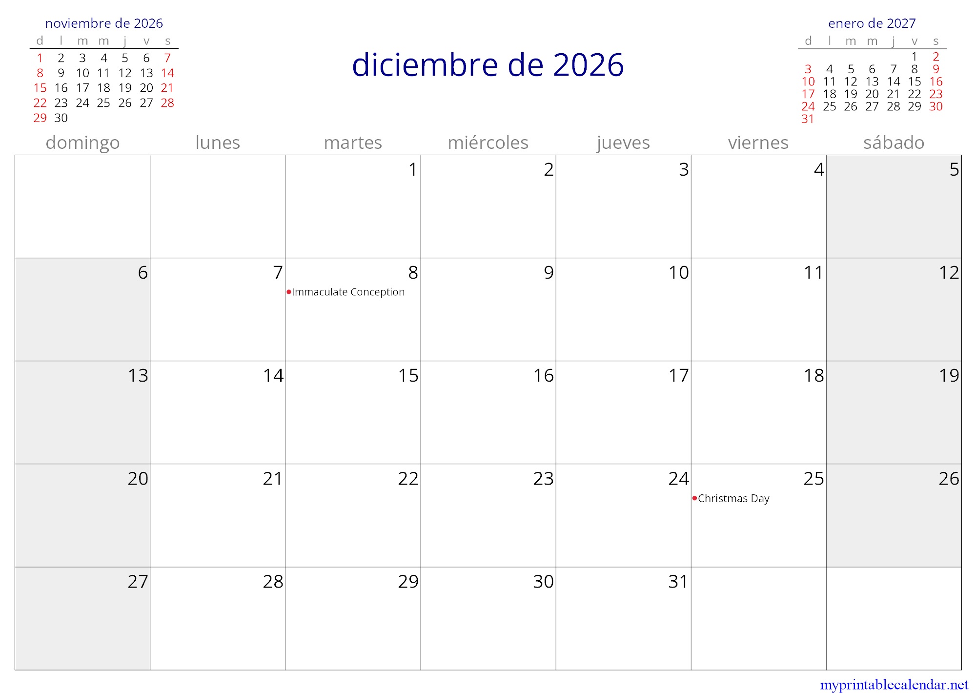 diciembre de 2026 monthly calendar, Seychelles, Spanish jpg